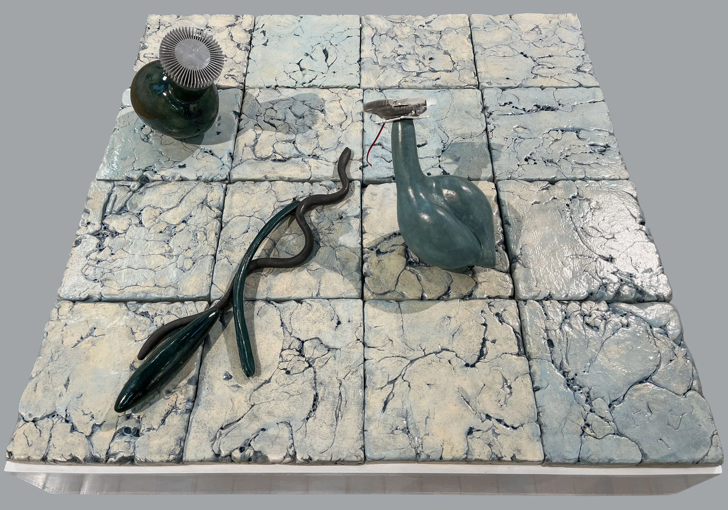 Transcendent Landscapes #4, 2025, fried clay, glaze, computer parts, 41x41 inches