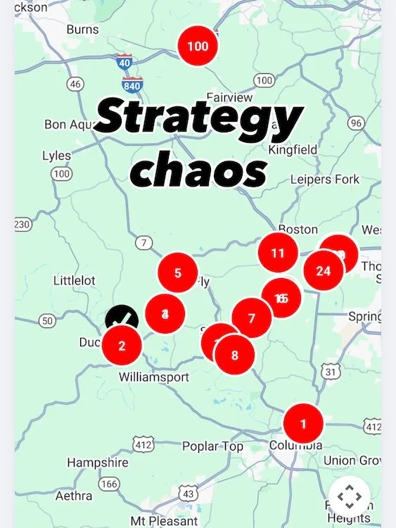 Rally checkpoints plotted on a map during the 2025 ADV Cannonball Rally