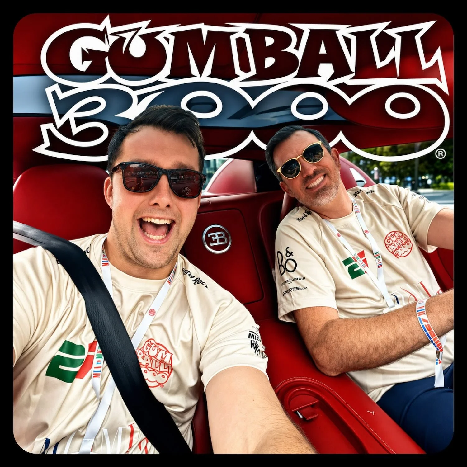 Tommy Davies and Ed Bolian in the Bugatti Veyron, cover art for the ADV Cannonball Podcast episode Gumball Dreams In A Bugatti