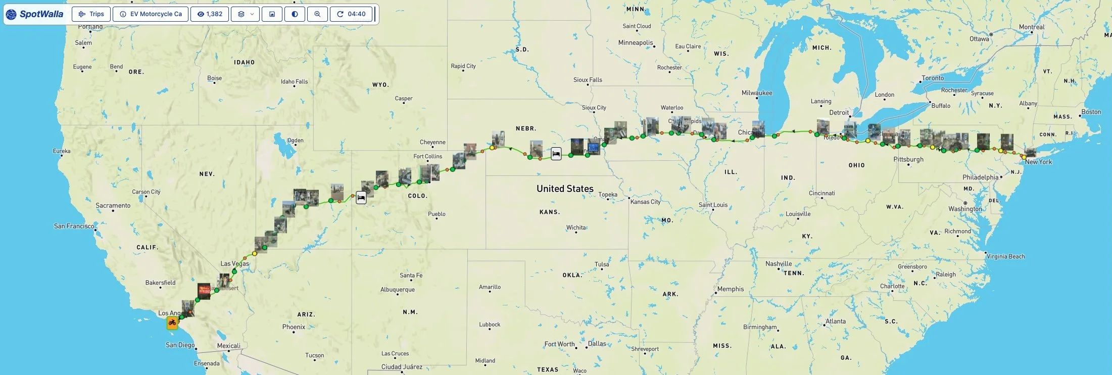 The completed Spotwalla tracking map showing the full coast-to-coast route at the end of the run.