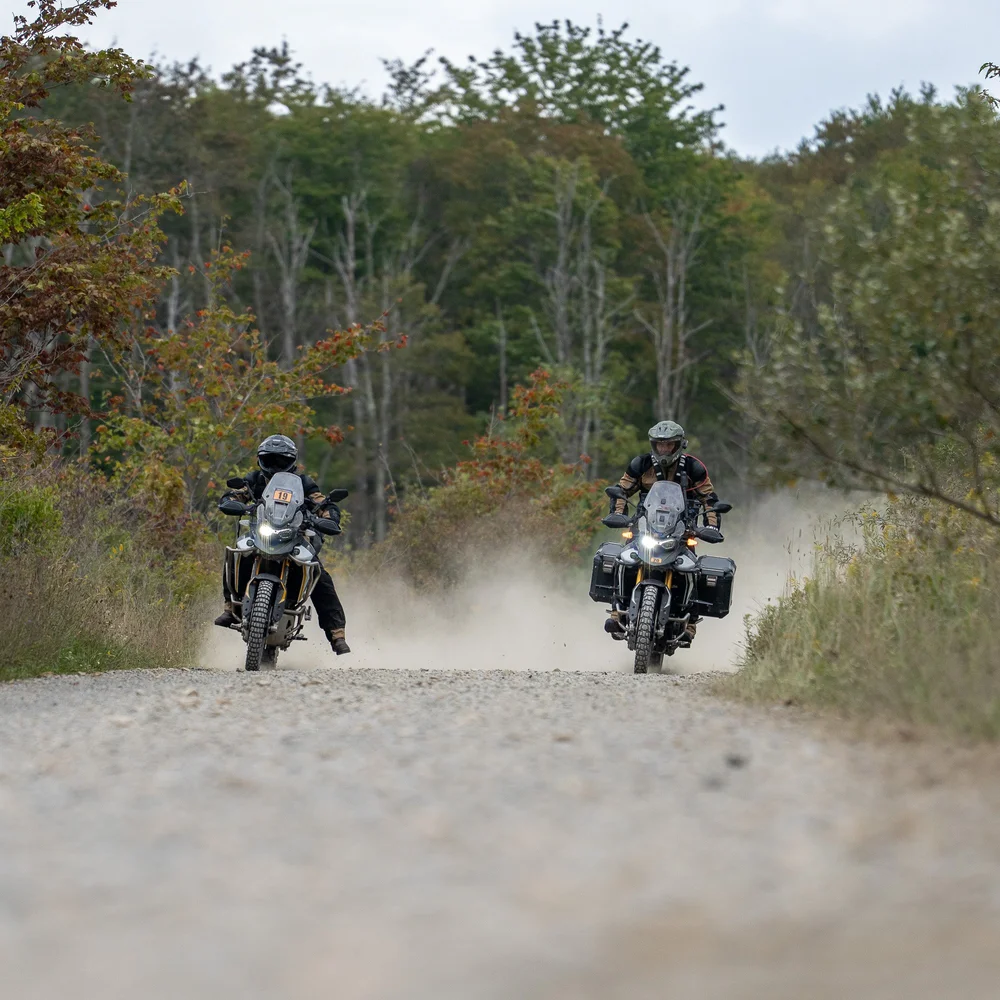 Two riders on Triumph Tigers kicking up dust side by side on a gravel road