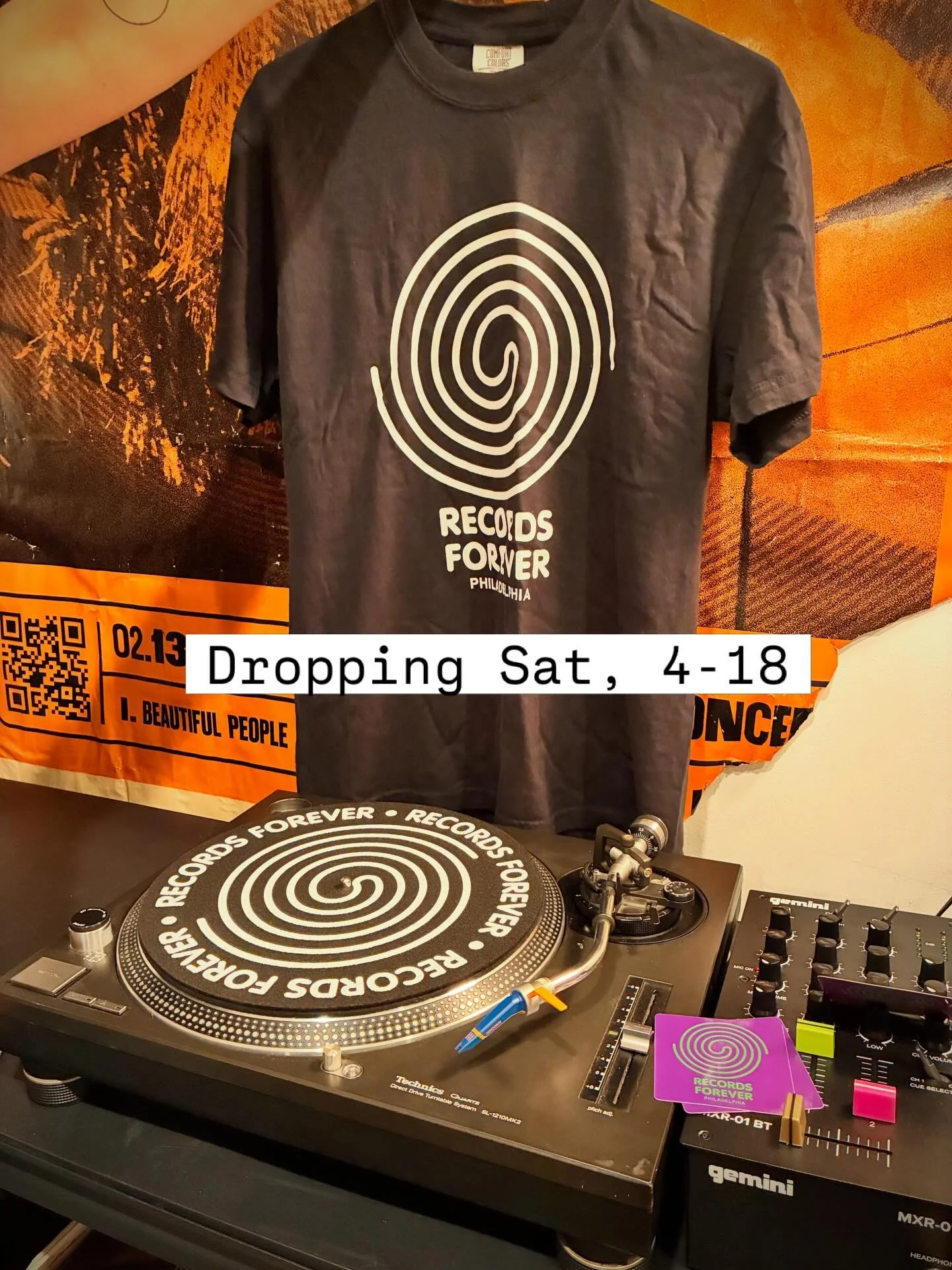We&rsquo;re putting the record store back in Record Store Day. Come grab our fresh new gear, dropping this Saturday!

New shirts! New brand (Comfort Colors), new cut, new material.

Slipmats! Due to popular demand, we&rsquo;ve got RF swirl turntable 