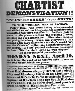 A poster advertising a Chartist demonstration. Sample text: "Peace and Order is our motto!"