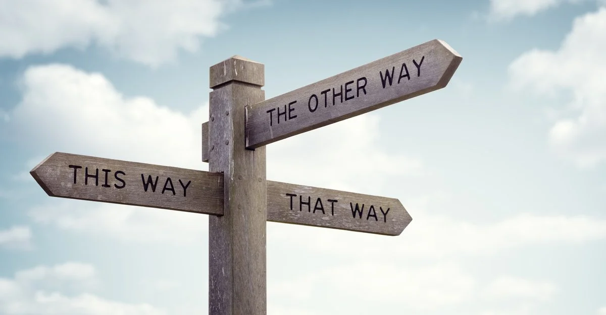 Wooden signpost with three arrows, pointing in different directions, labeled "This Way," "The Other Way," and "That Way," against a cloudy sky background.