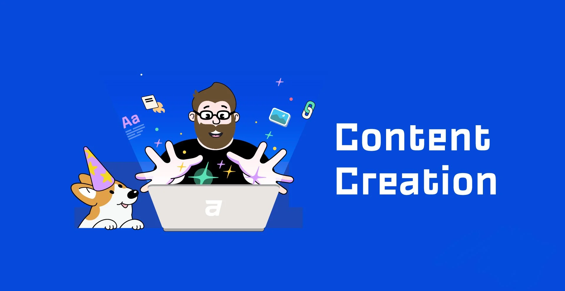 Cartoon man and dog celebrating content creation with laptop, party hat, and floating icons on blue background