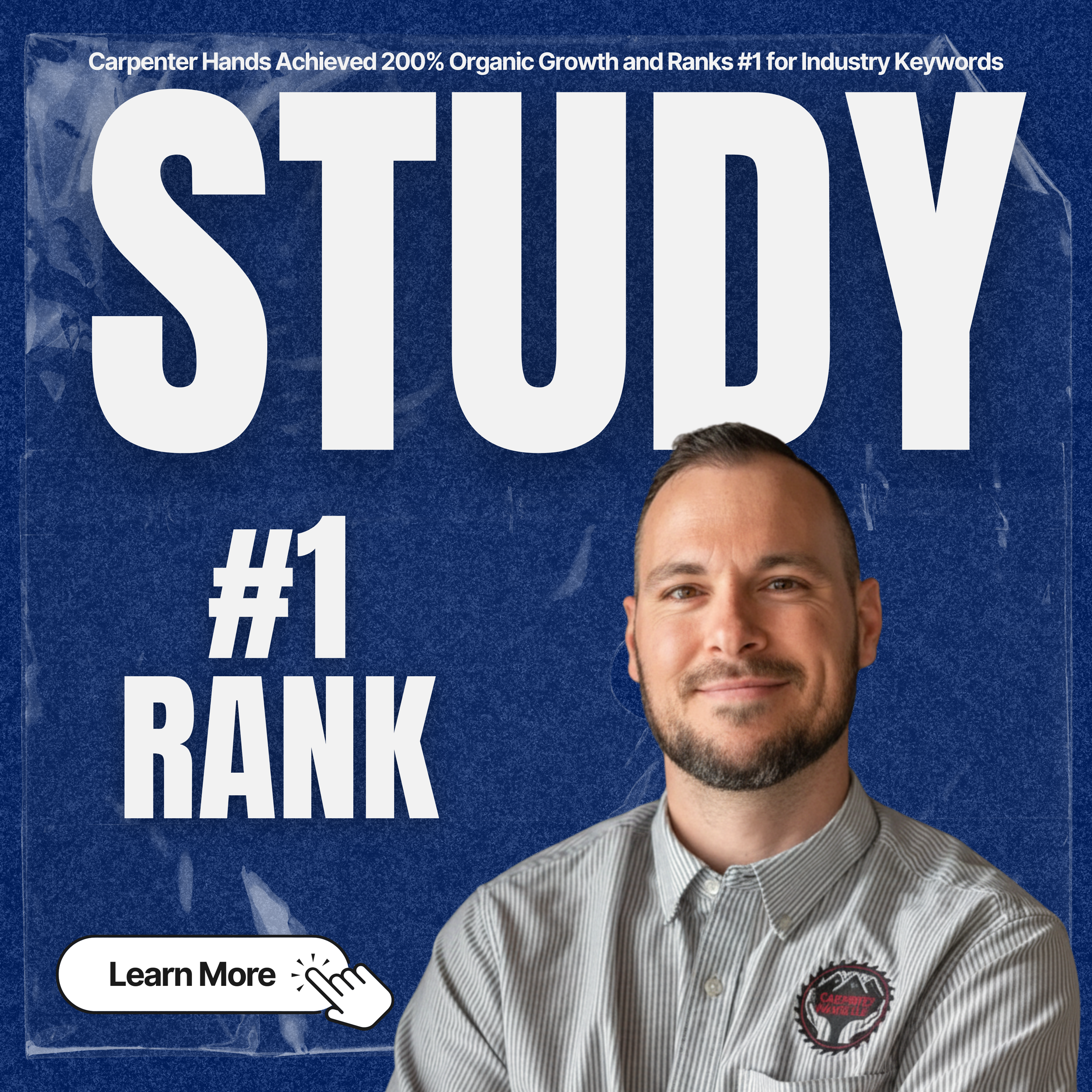 A man wearing a embroidered uniform shirt with a logo, against a blue textured background, smiling at the camera. The image promotes studying with large white text stating 'STUDY' and '#1 RANK' and a small button with 'Learn More' and a pointing hand icon.