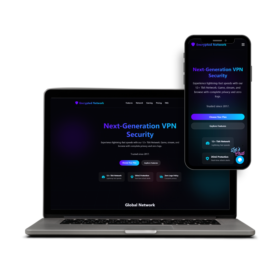 Laptop and smartphone screen displaying a VPN service website with dark background, blue and purple text, and features like encrypted network, next-generation VPN security, and plans.