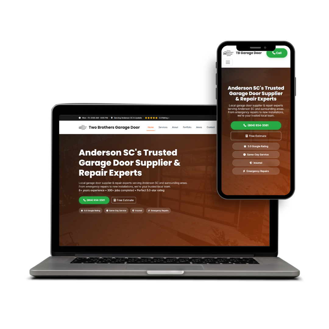 Laptop and smartphone displaying a website for Anderson SC garage door services, with information about trusted garage door repairs and installations.