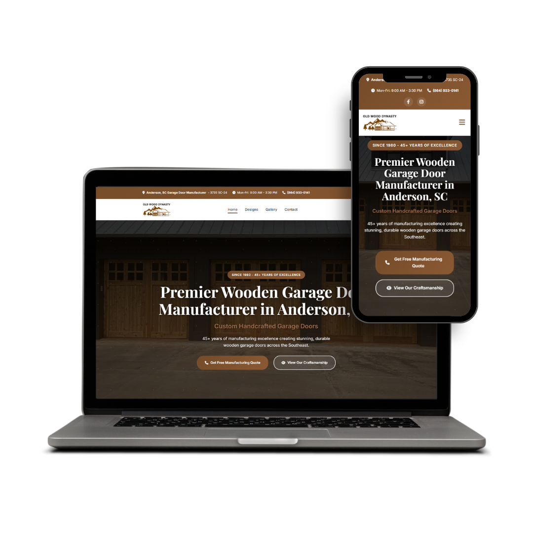 Laptop and smartphone showing a website for a wooden garage door manufacturer based in Anderson, SC with brown, black, and white color scheme. The website features a header with contact info, logo, menu, and buttons for a free quote and craftsmanship view.