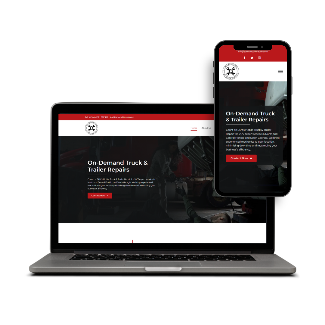 Laptop and smartphone displaying a website for on-demand truck and trailer repairs, featuring service details and contact button.