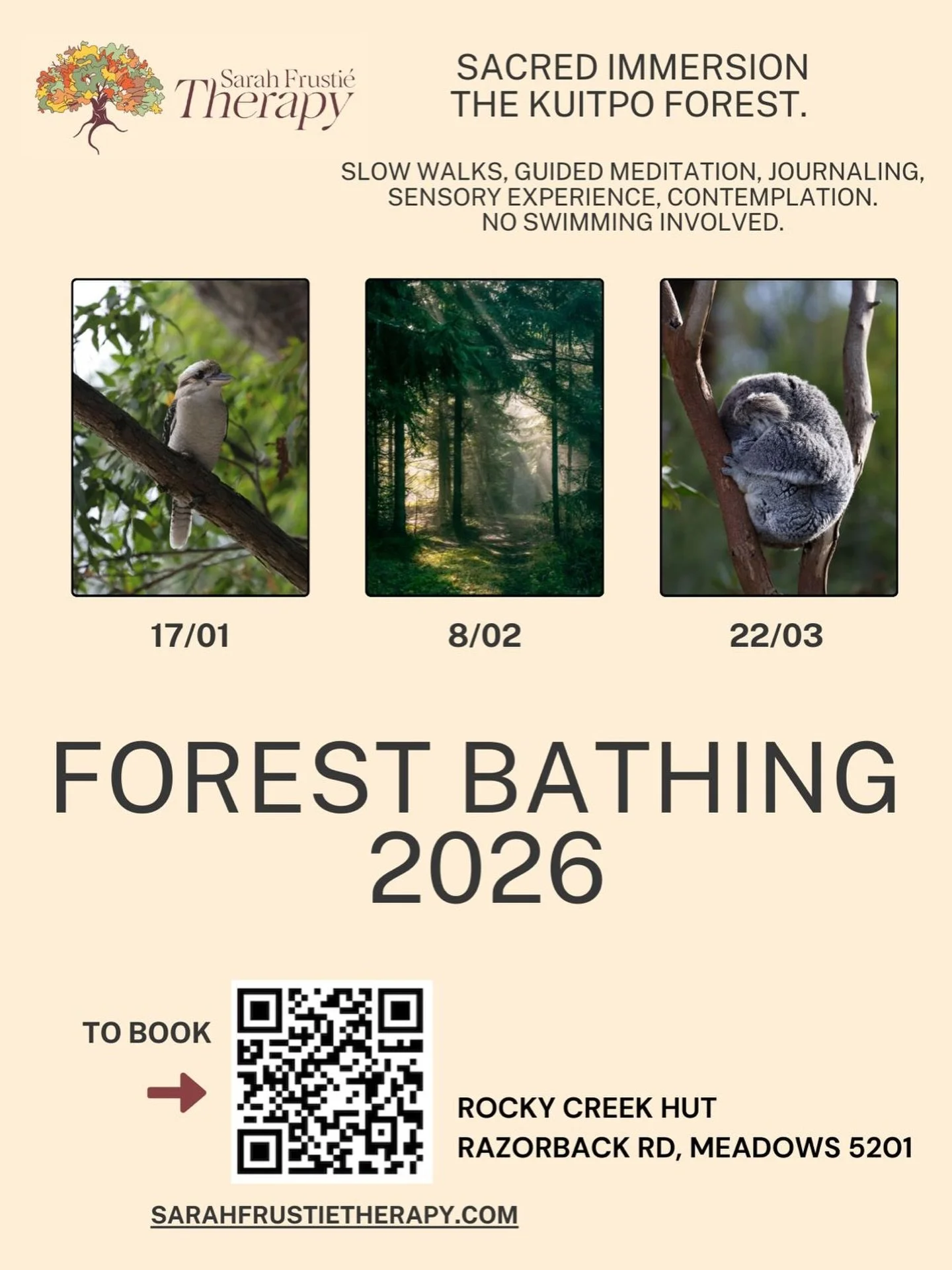 Need to slow down? 
Willing to be more with nature? 
I&rsquo;ve got something for you! 

Forest Bathing Experience &middot; 2026

Hey, I am Sarah - Ecotherapist. 
I create safe and sacred spaces for humans to reconnect with Nature. 

What to expect d