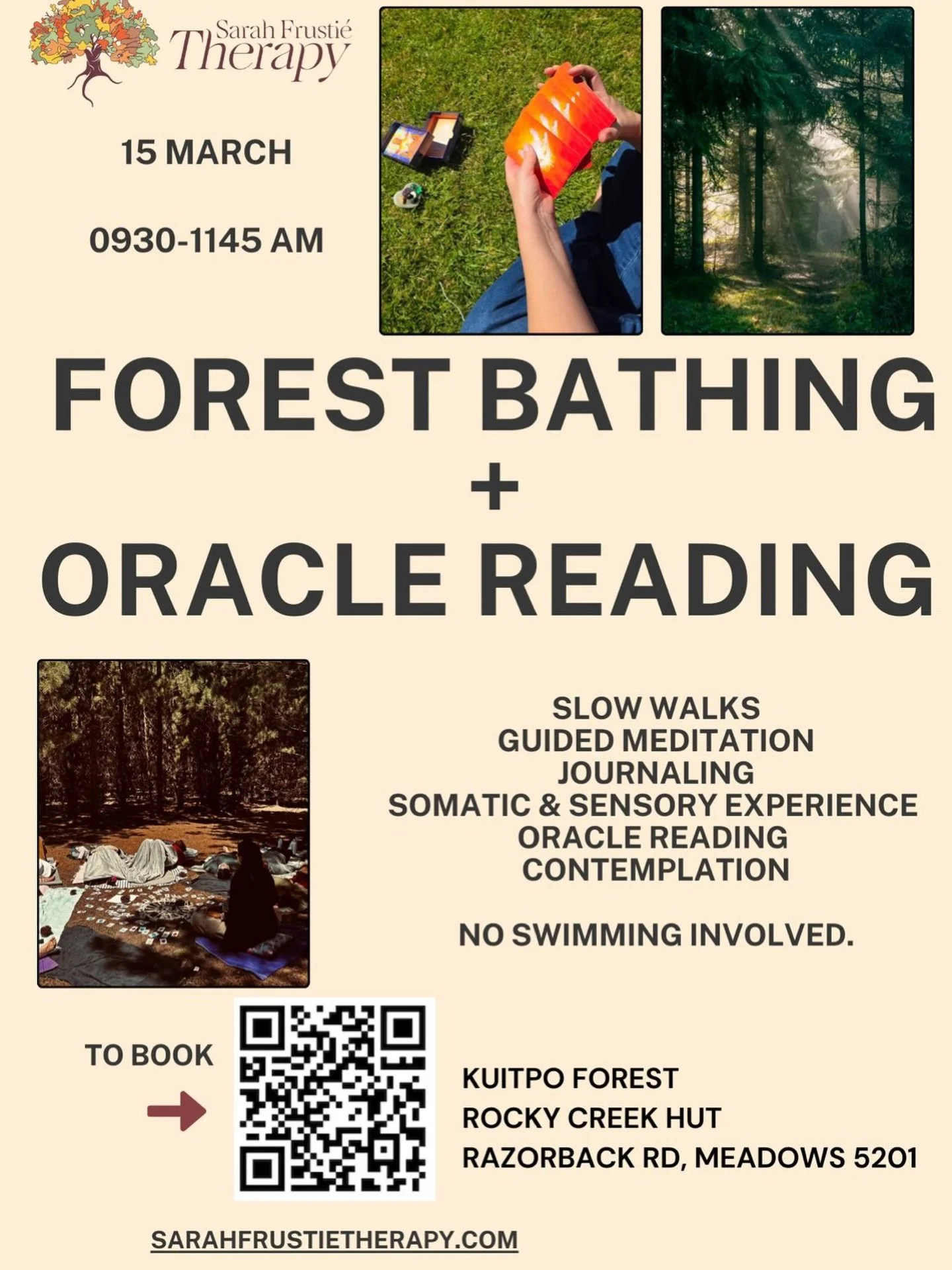 Craving calm and clarity? 
This is your invitation to step outside and reconnect with nature.

On 15 March, join us in the Kuitpo Forest for a deeply grounding Forest Bathing + Oracle Reading experience.

Slow, mindful walking.
Guided meditation bene