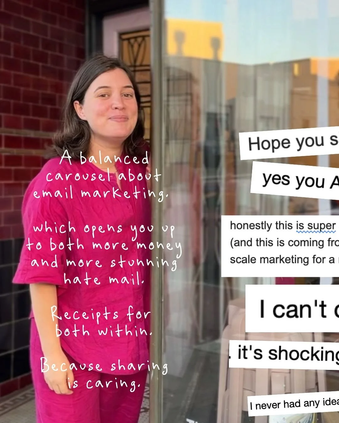 I didn&rsquo;t start writing emails because I loved marketing.⁣
⁣
I did it because someone told me to.⁣
⁣
At first, I felt deeply annoying.⁣
Then more nauseous than I did in my first trimester.⁣
⁣
Then I started seeing the results.⁣
⁣
And eventually,