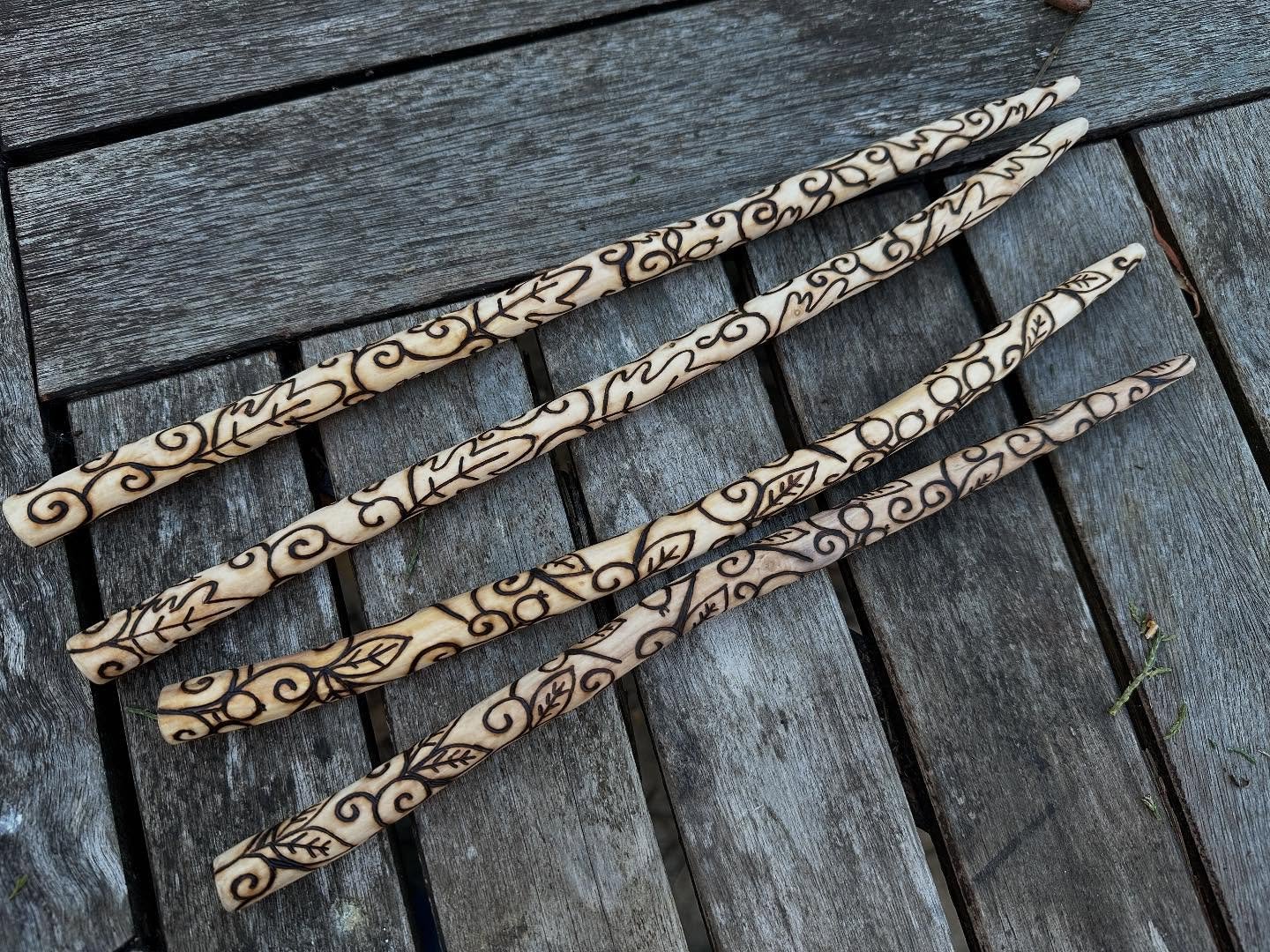 Commissions: I&rsquo;ve a long list of commission work right now - the wood I gathered over the winter is dry and I can begin to work with it&hellip;. Two pairs of wands - hawthorn and blackthorn. The hawthorn is a design I created a while back, the 