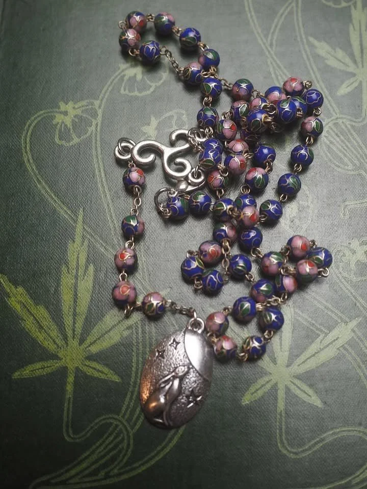 New! Rosary necklaces&hellip;. The first is stunning -  vintage floral  cloisonn&eacute; beads with a little star hare pendant and triskelle connector. 
The second is rougher but perhaps more potent - made for Hekate with a vintage key and some of my