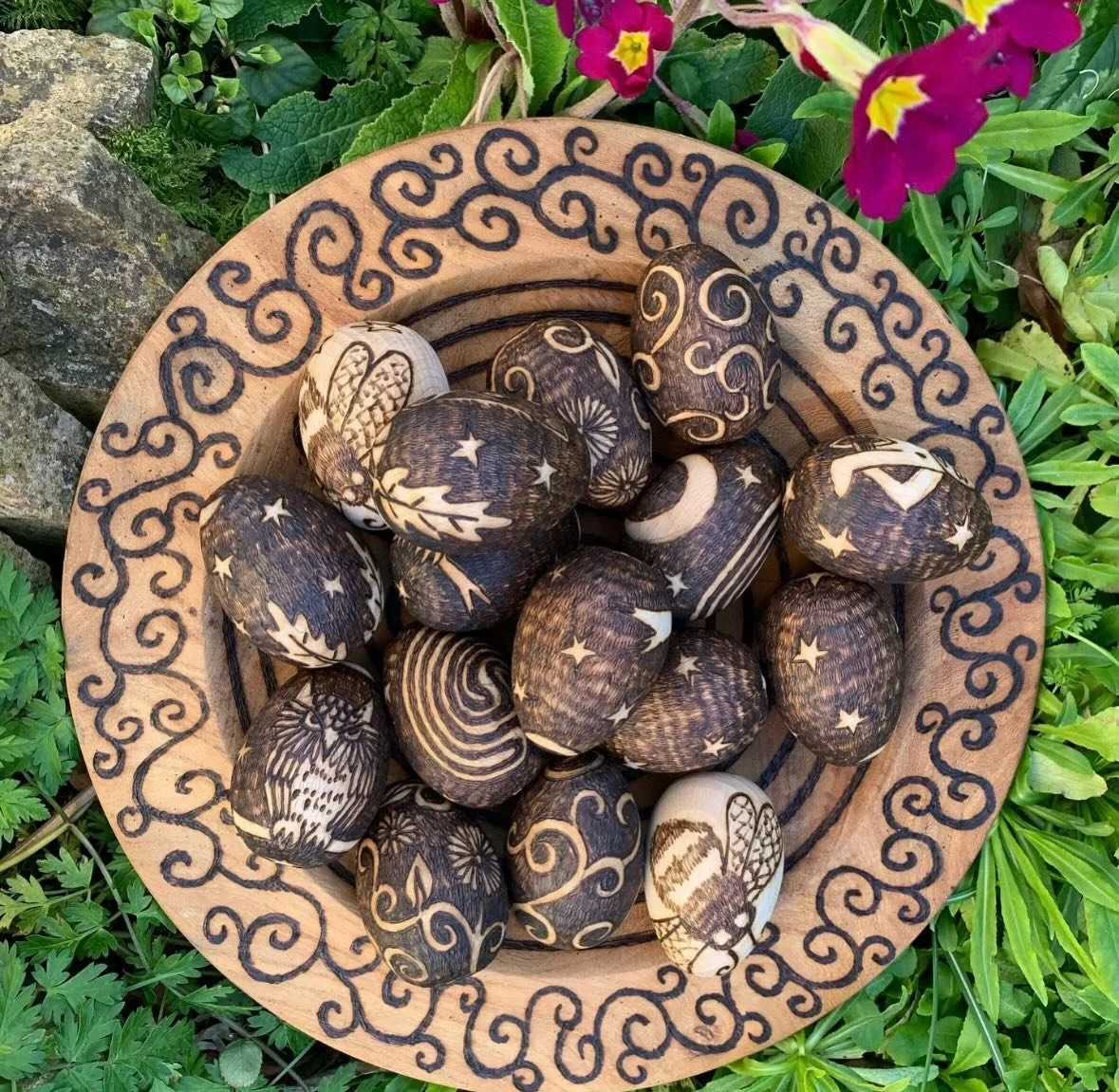 Eggs! Beech wood eggs pyrogrqphed with gorgeous designs - perfect for gifts, and they look gorgeous in a bowl together - hares, bees, greenmen, goddesses, flowers, spirals and more! Find them in the usual places