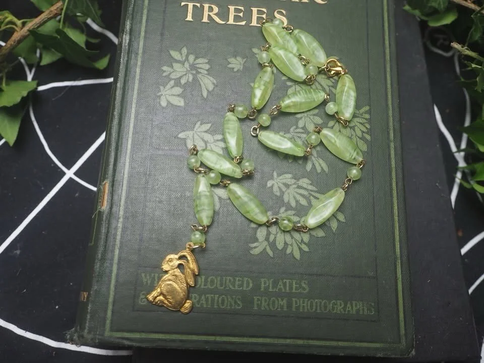 Hares are one of my favourites and I love these little brass charms. It&rsquo;s hung on an upcycled necklace of gorgeous vintage green glass beads that were the exact colour of the linden leaves when I made the necklace&hellip;.. a few weeks ago sinc