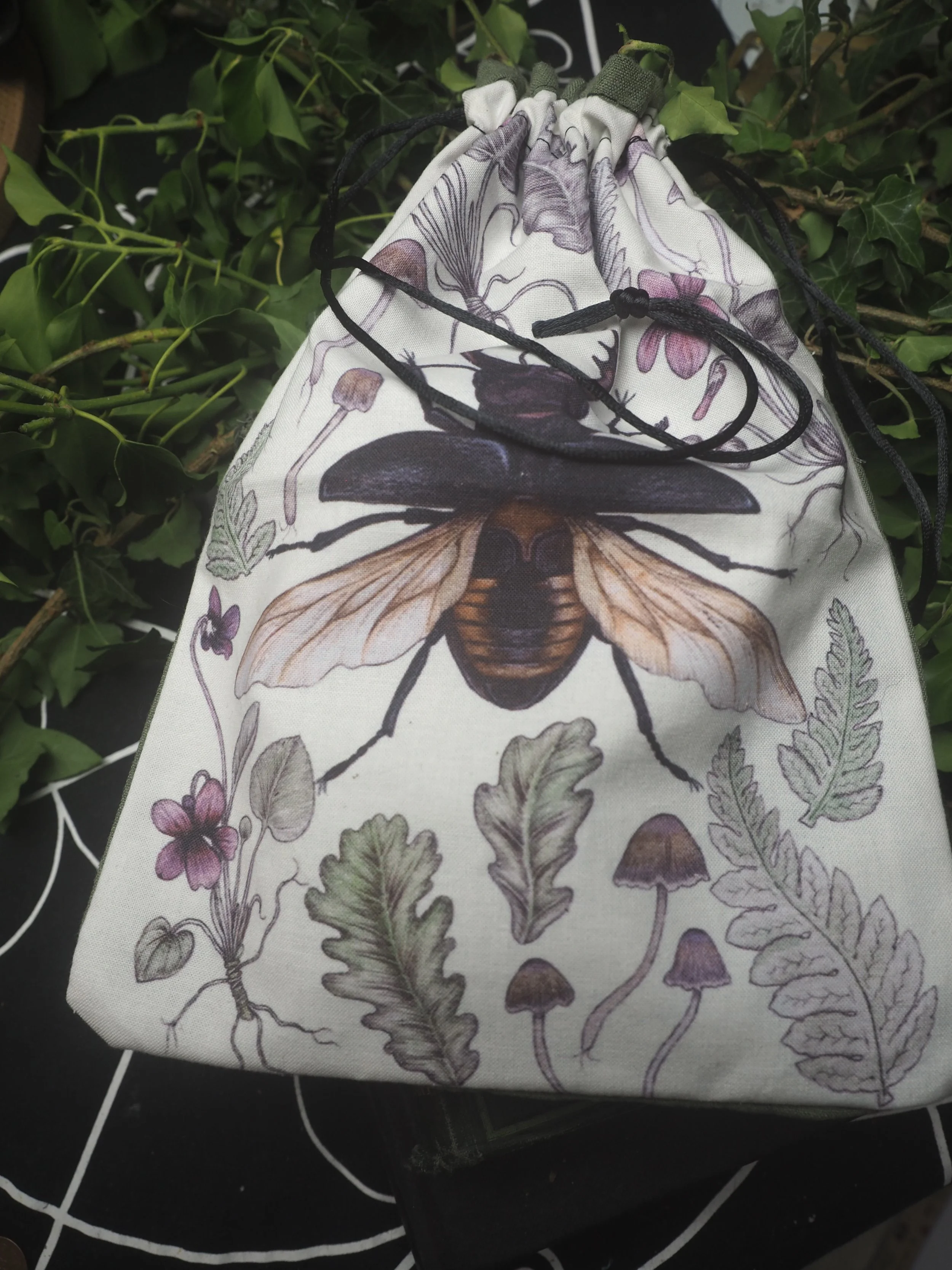 Large Stag Beetle & Botanical Drawstring Bag for Card Decks, Runes etc.