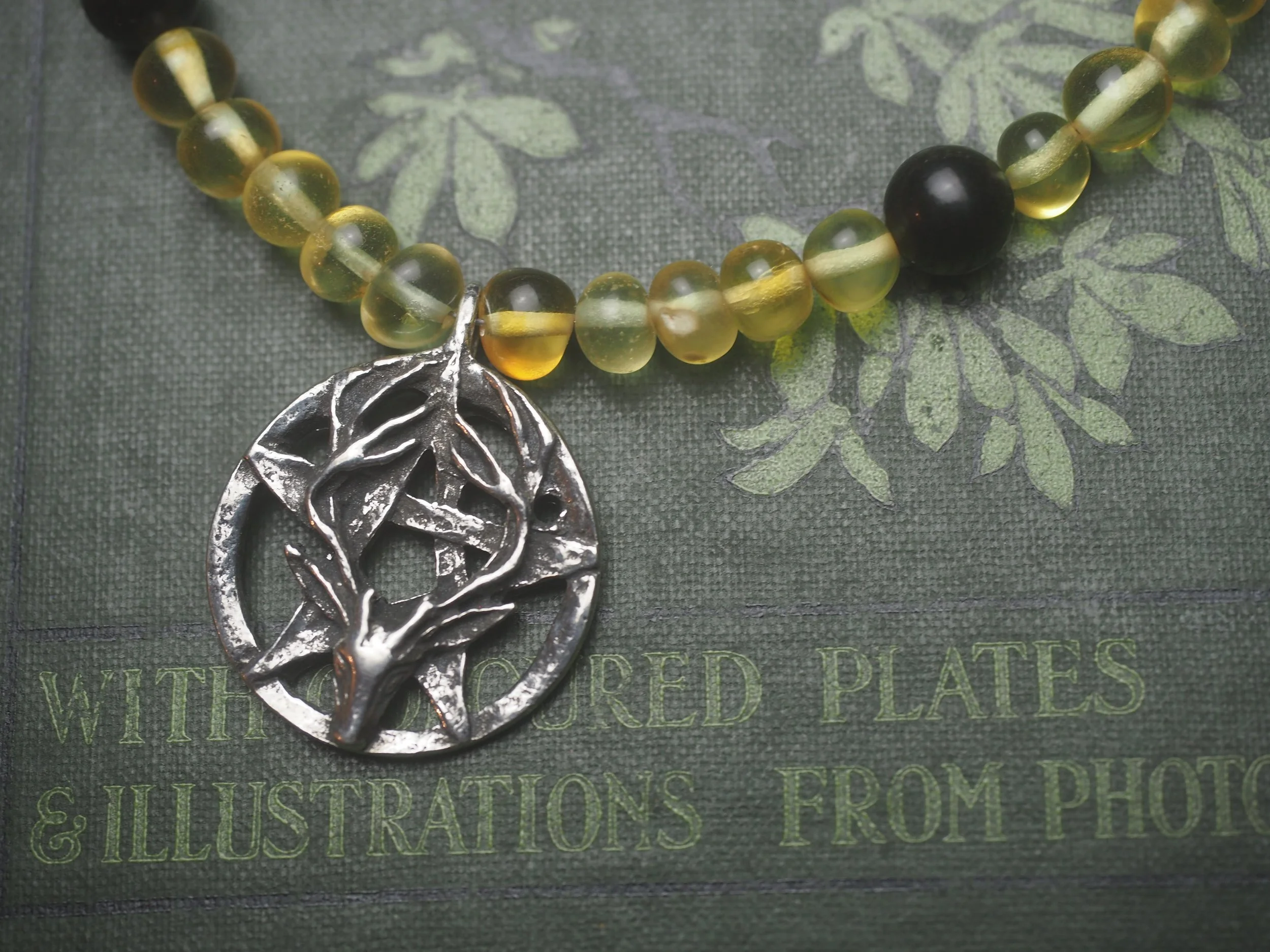 Baltic Amber, Lignite Jet and Stag Pentagram Necklace
