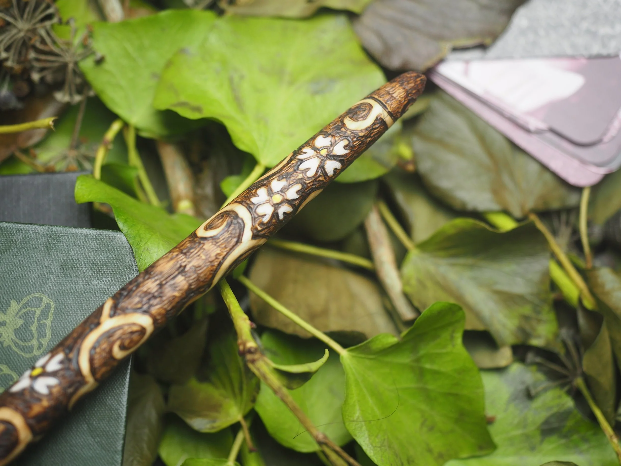 English Blackthorn Wood Wand with Flowers, Thorns and Spirals