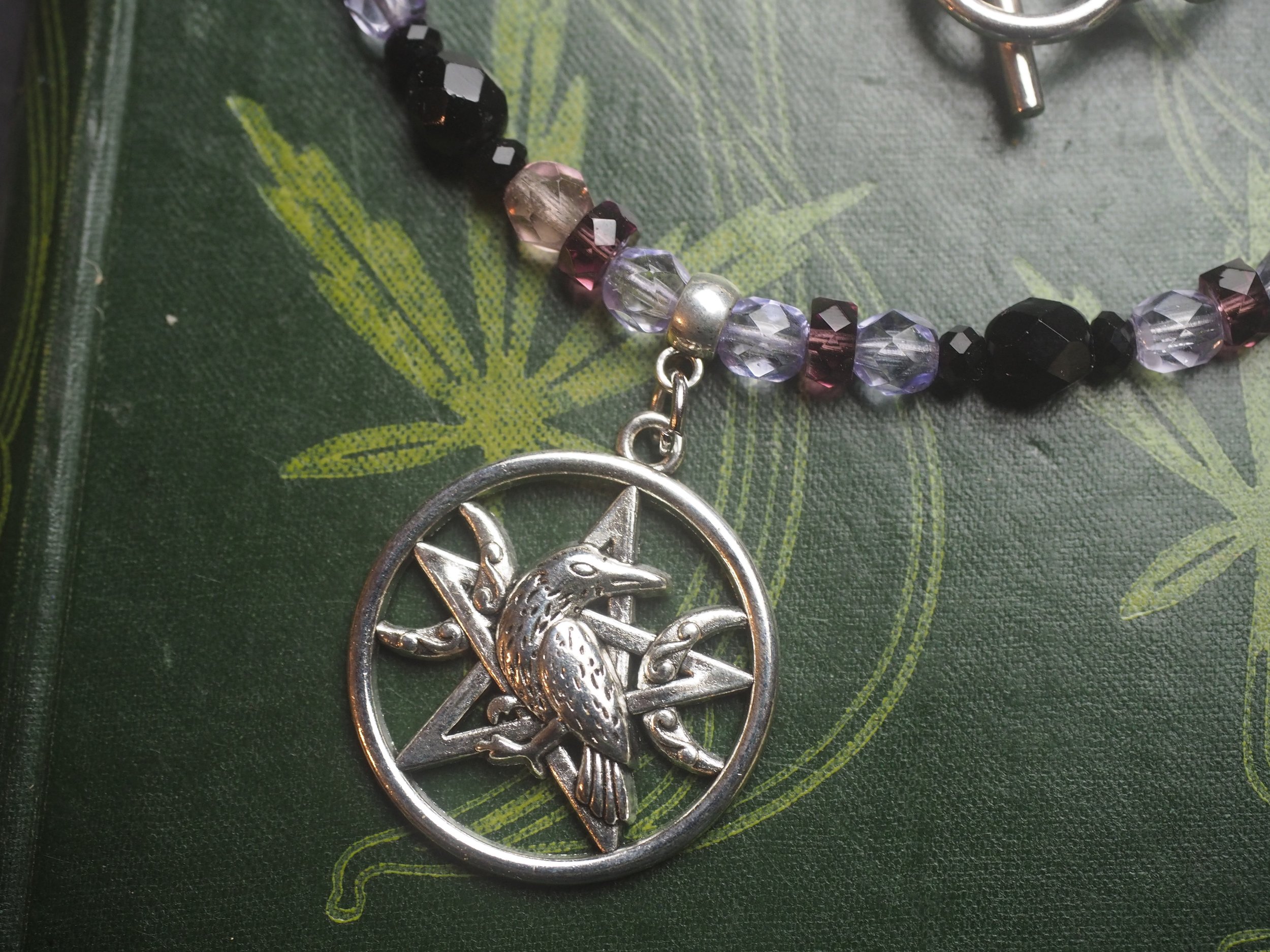 Raven Pentagram Ritual Necklace with vintage beads