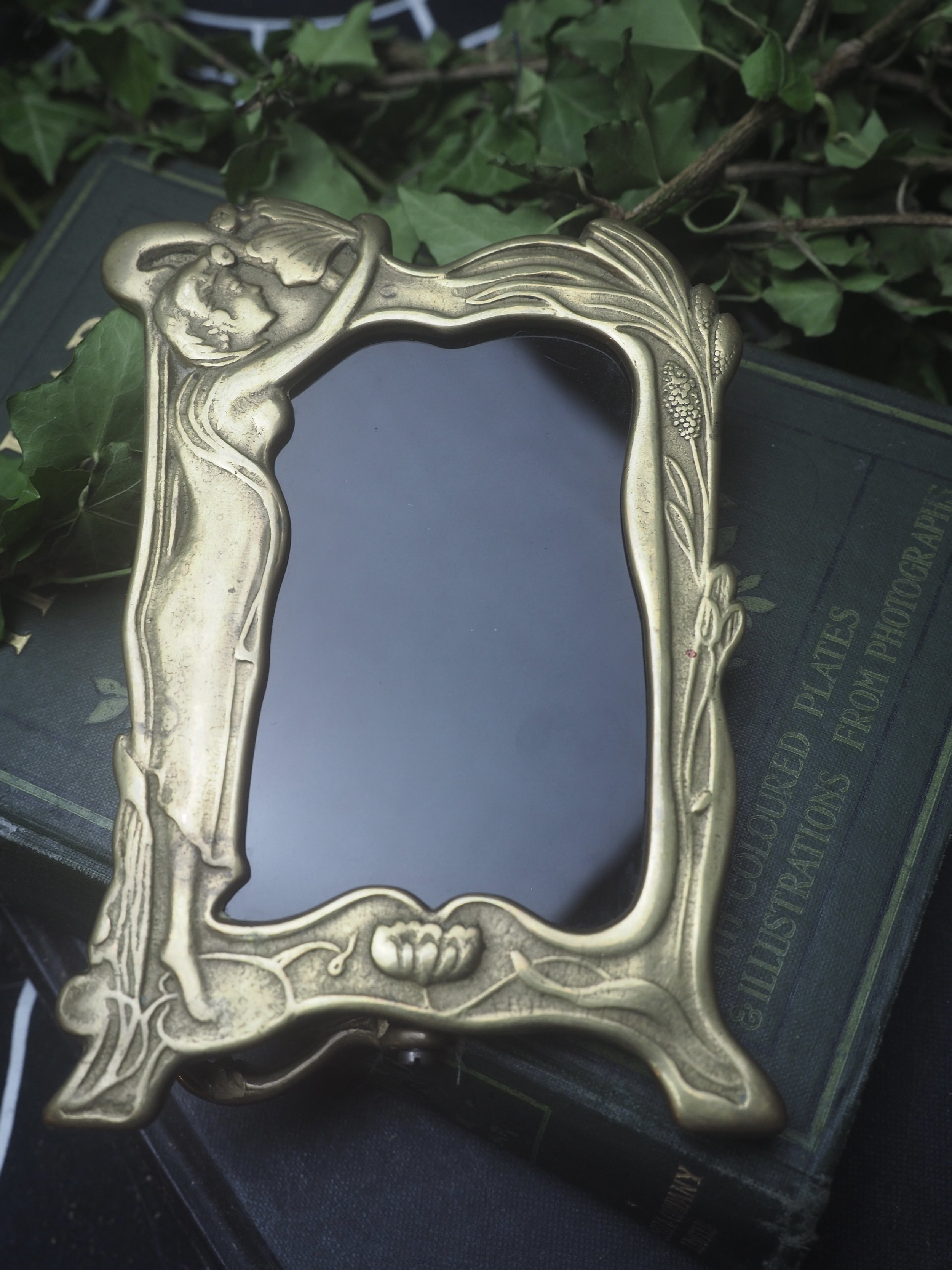 Antique Brass Goddess Art Nouveau Framed Black Scrying Mirror