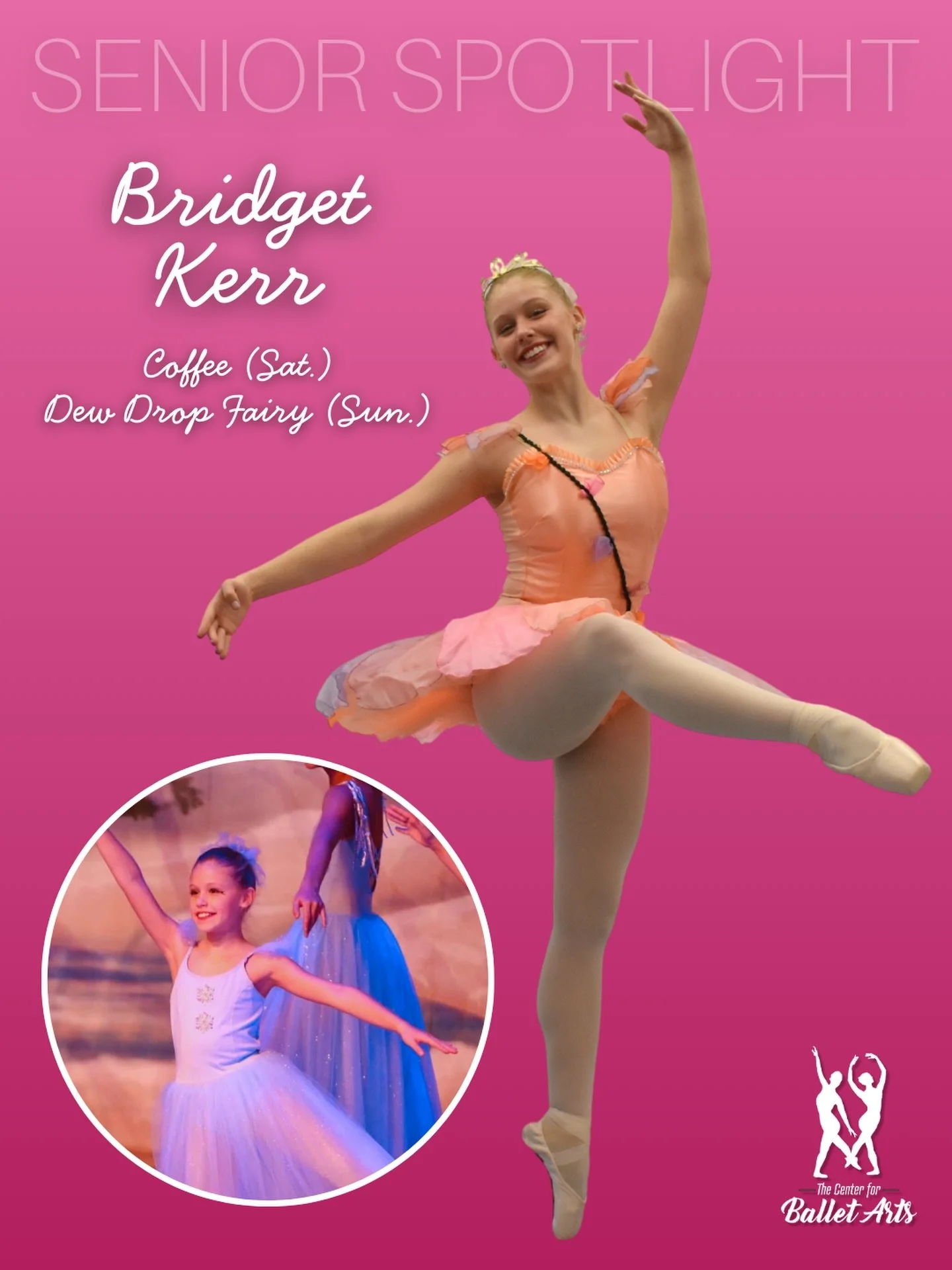 Nutcracker in a Nutshell is TOMORROW! Last but not least in our Senior spotlights is Bridget.

Bridget has been dancing since age two and began studying at CBA when she was six.&nbsp; She has been featured in Nutcracker in a Nutshell as Clara, Trepek