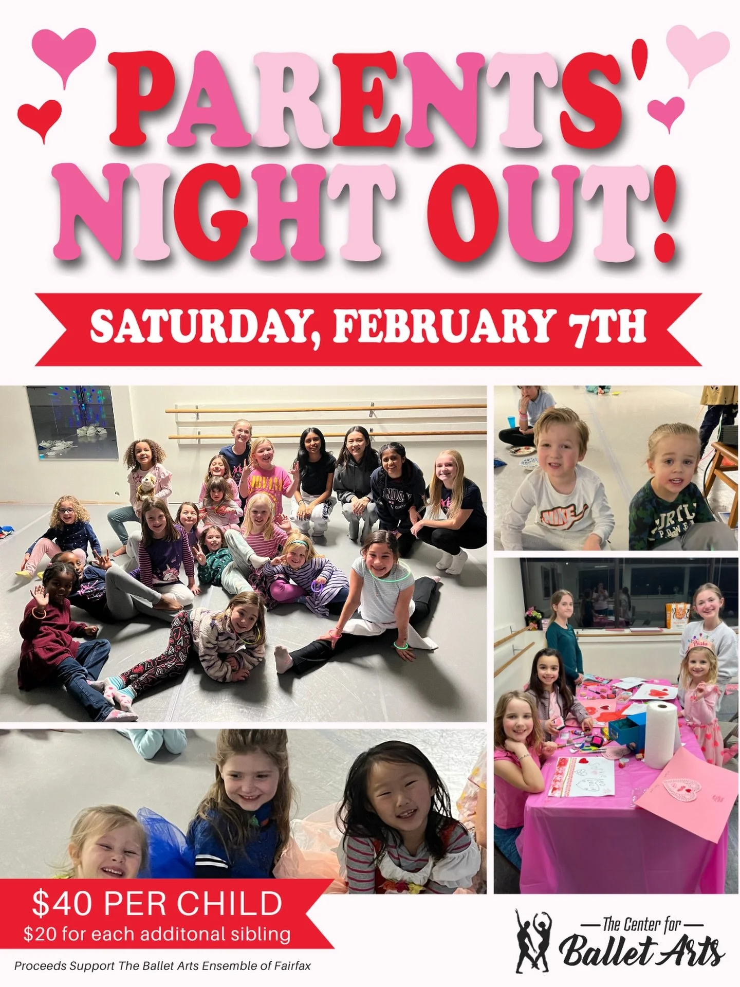 Parents&rsquo; Night Out is this Saturday, February 7th, from 5:30 to 8:30 PM. Enjoy a night out while we keep the kids entertained!

Children ages 3 and up are invited to the studio for a fun-filled evening of games, crafts, glow dance parties, movi