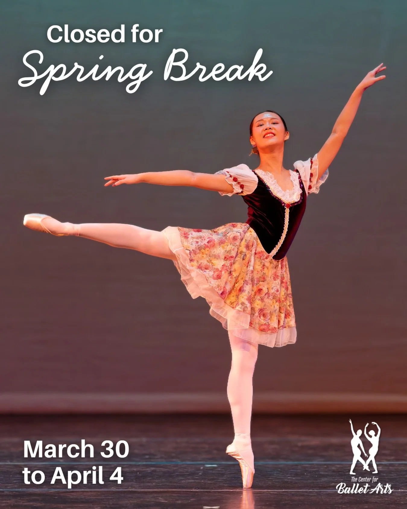 CBA is wishing all of our dancers, families, and staff and fun and restful Spring Break. The studio is closed for classes March 30 to April 4. Classes will resume on Monday, April 6.