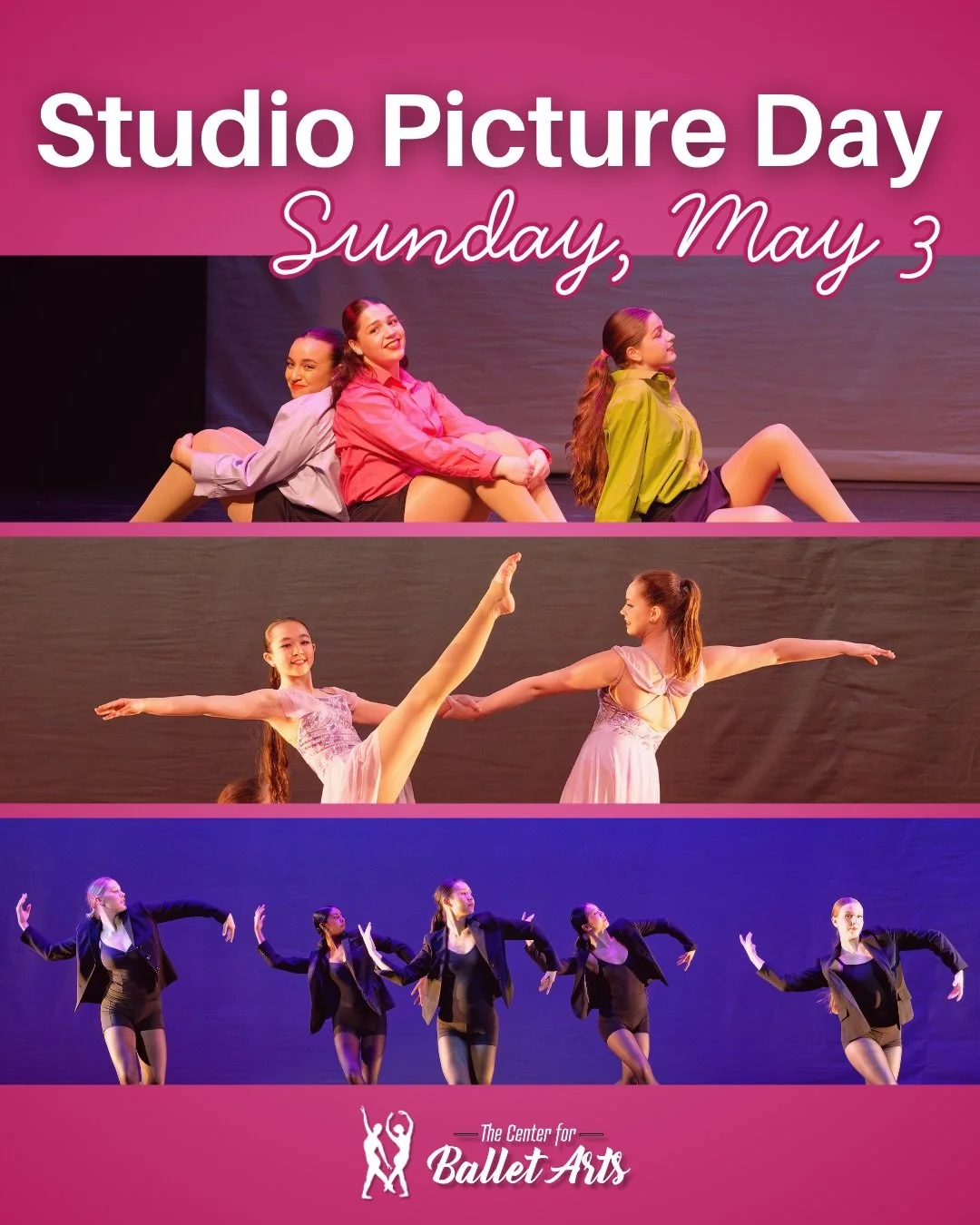 Studio Picture Day is back next Sunday, May 3! All students performing in the Spring Recital are invited to take professional in-studio photo with their classes and individually. An email and fliers with more information will be shared this week, but