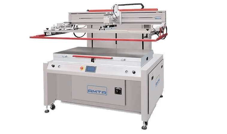 Industrial machine with a touchscreen control panel and red safety frame, labeled 'AMTA'.