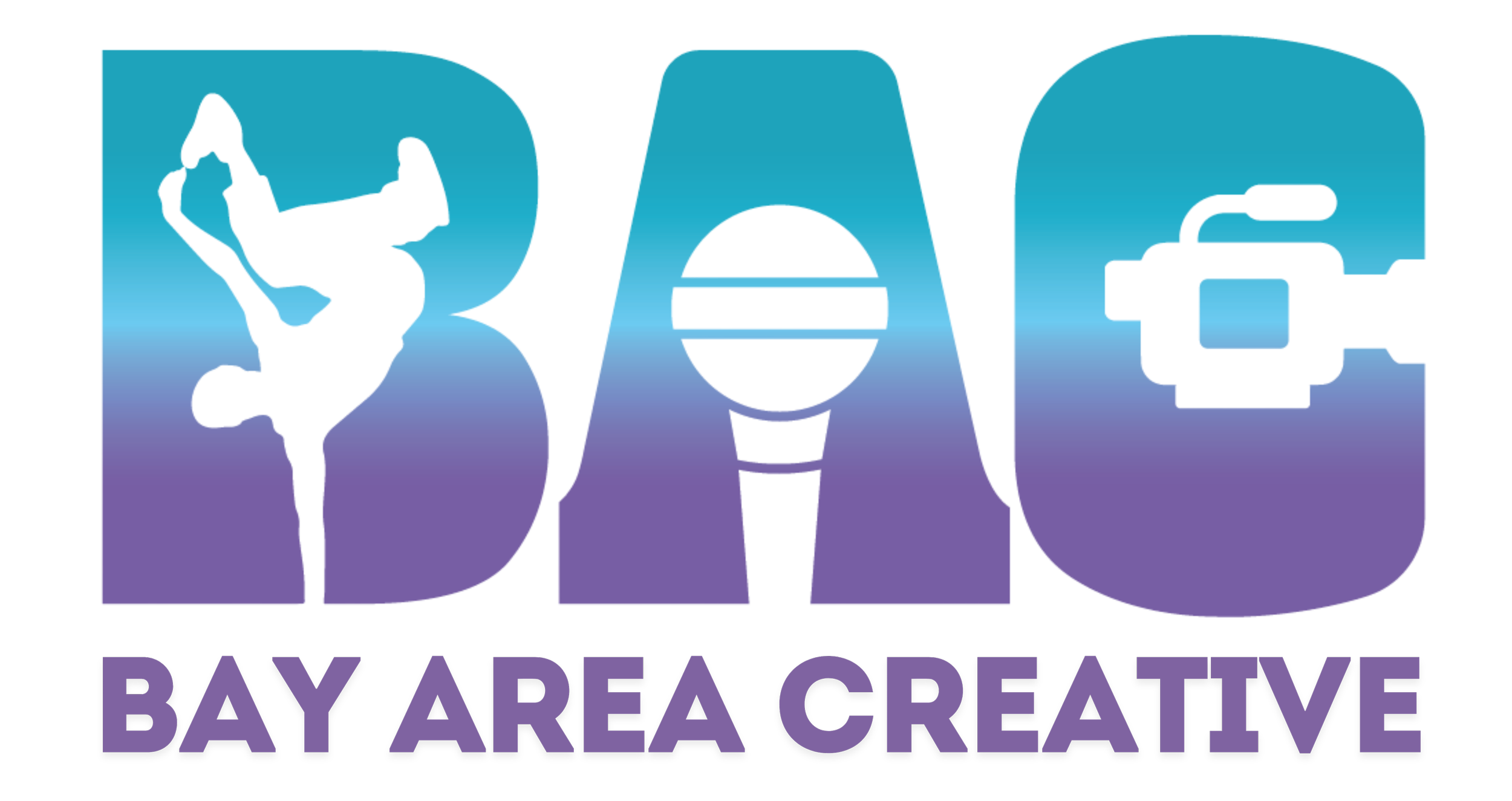 The purple and blue Bay Area Creative (BAC) logo with icons for dance, a microphone and a camera embedded in the letters (in that order)