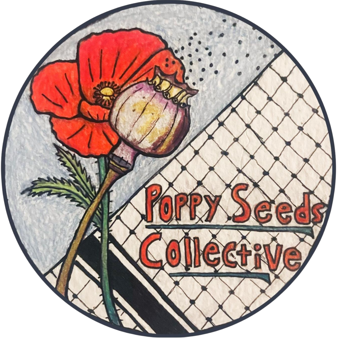 Poppy Seeds Collective logo with a Keffiyeh and Poppy seed pod with seeds drifting out.