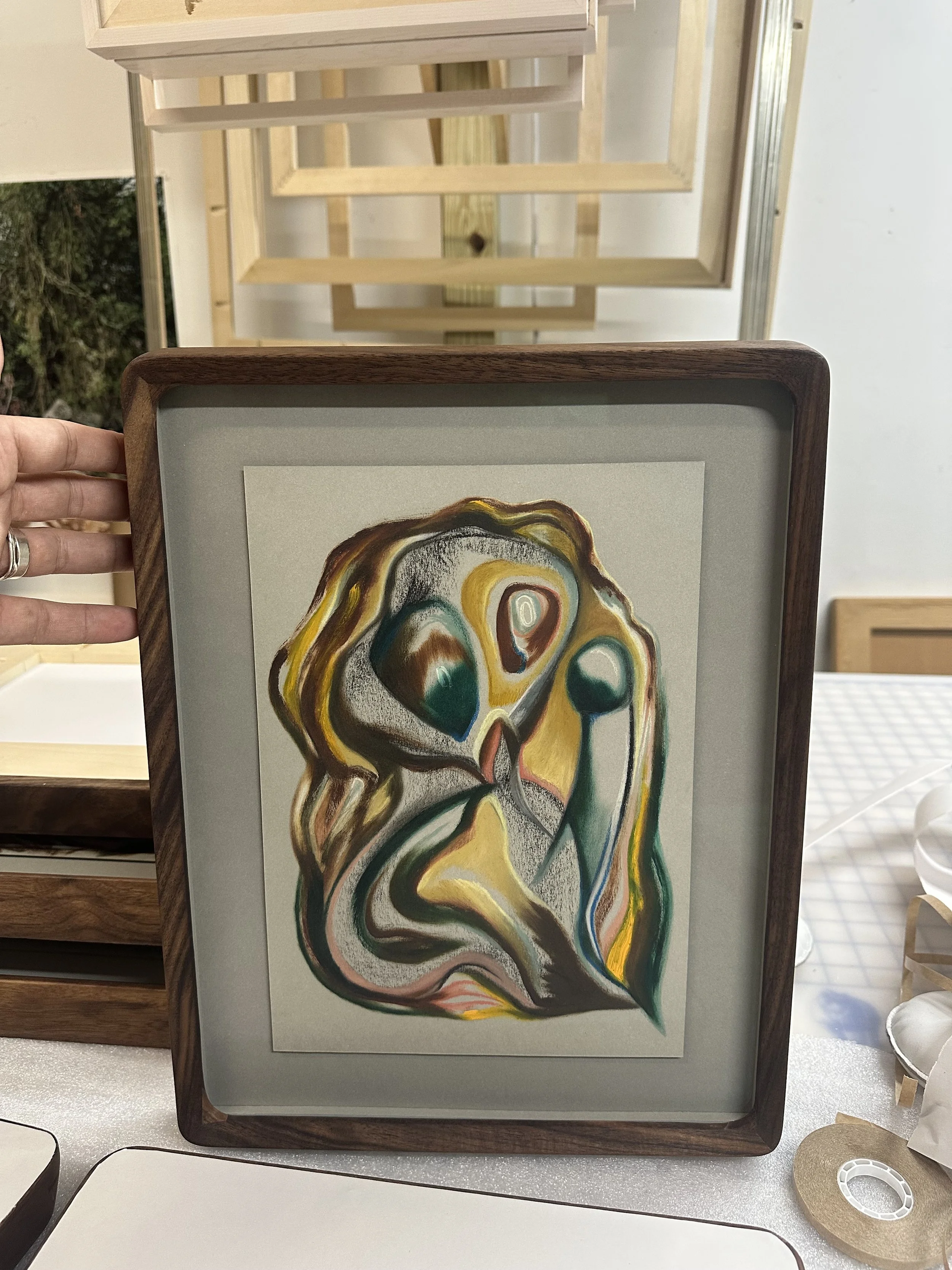 Custom in-house walnut profile, floated on a acid-free rag mat and finished with Optium Museum Acrylic.