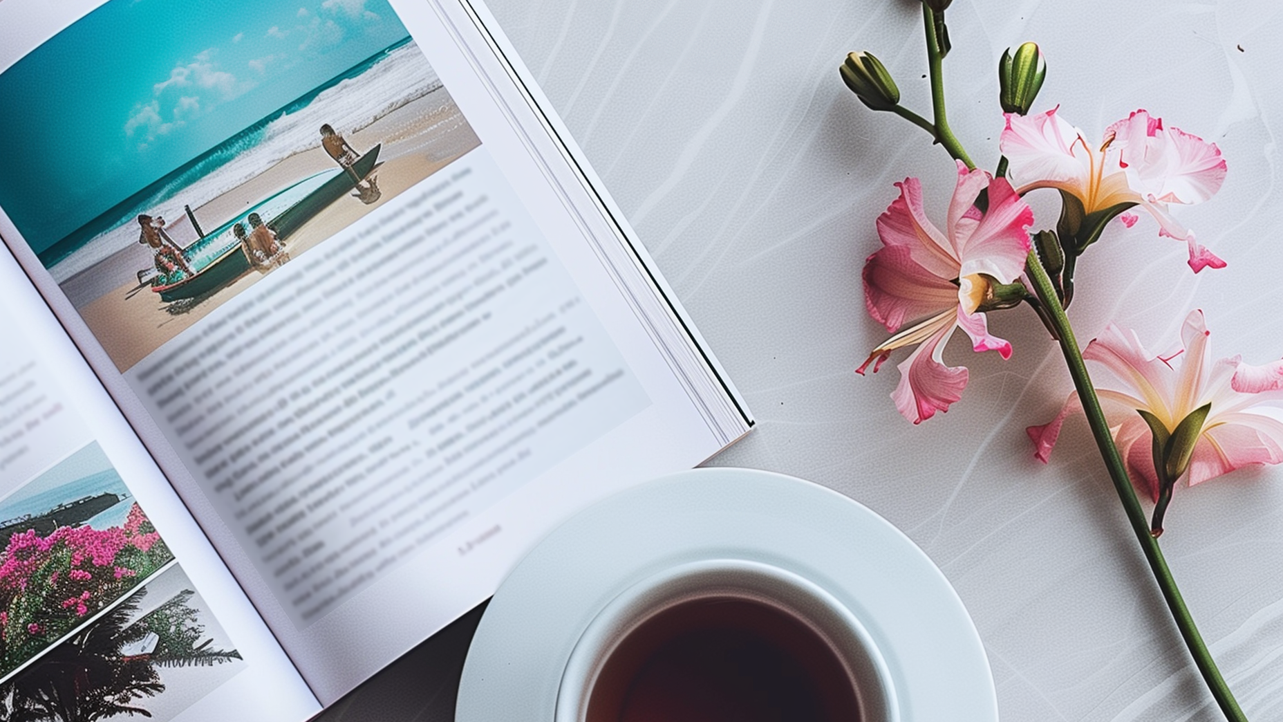 An open guide book next to a cup of coffee and a beautiful flower.