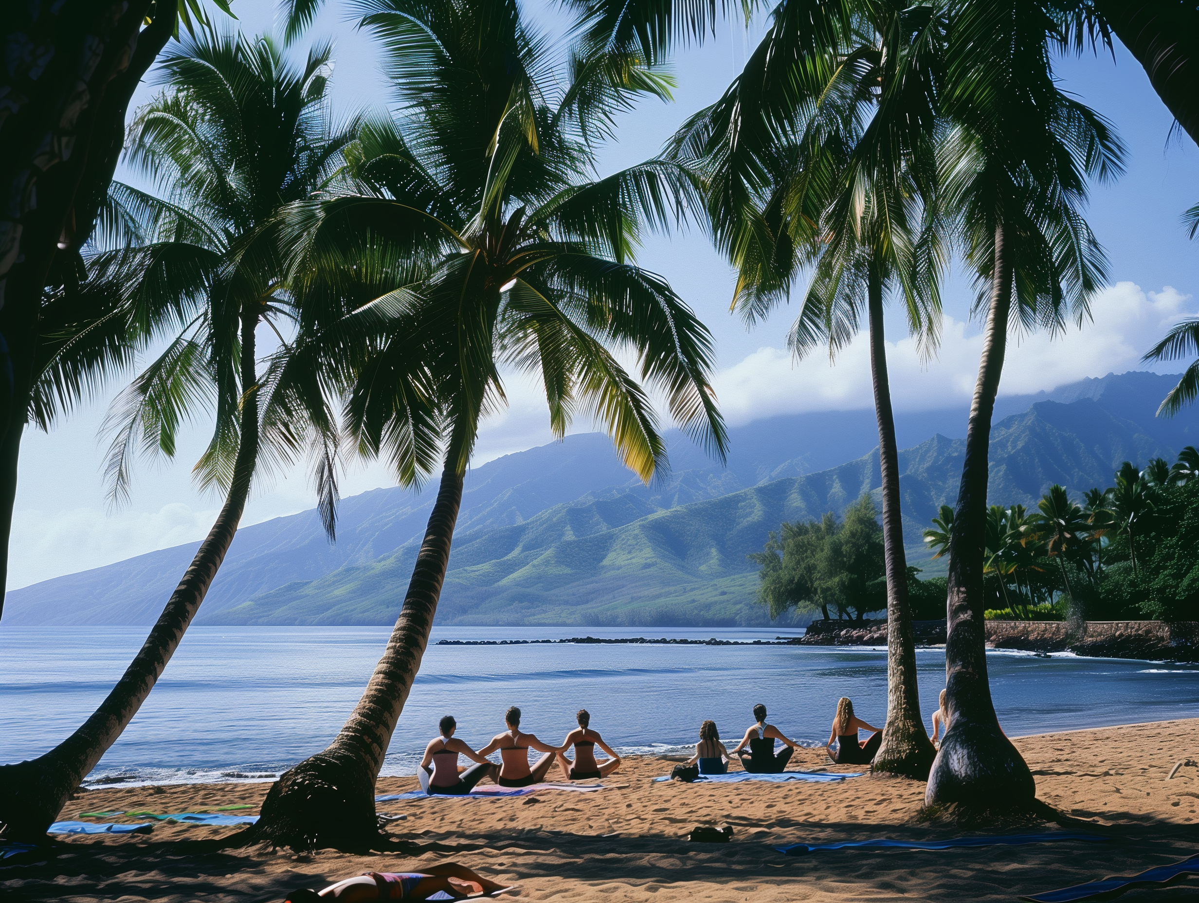 Yoga class on the beach under palm trees.
