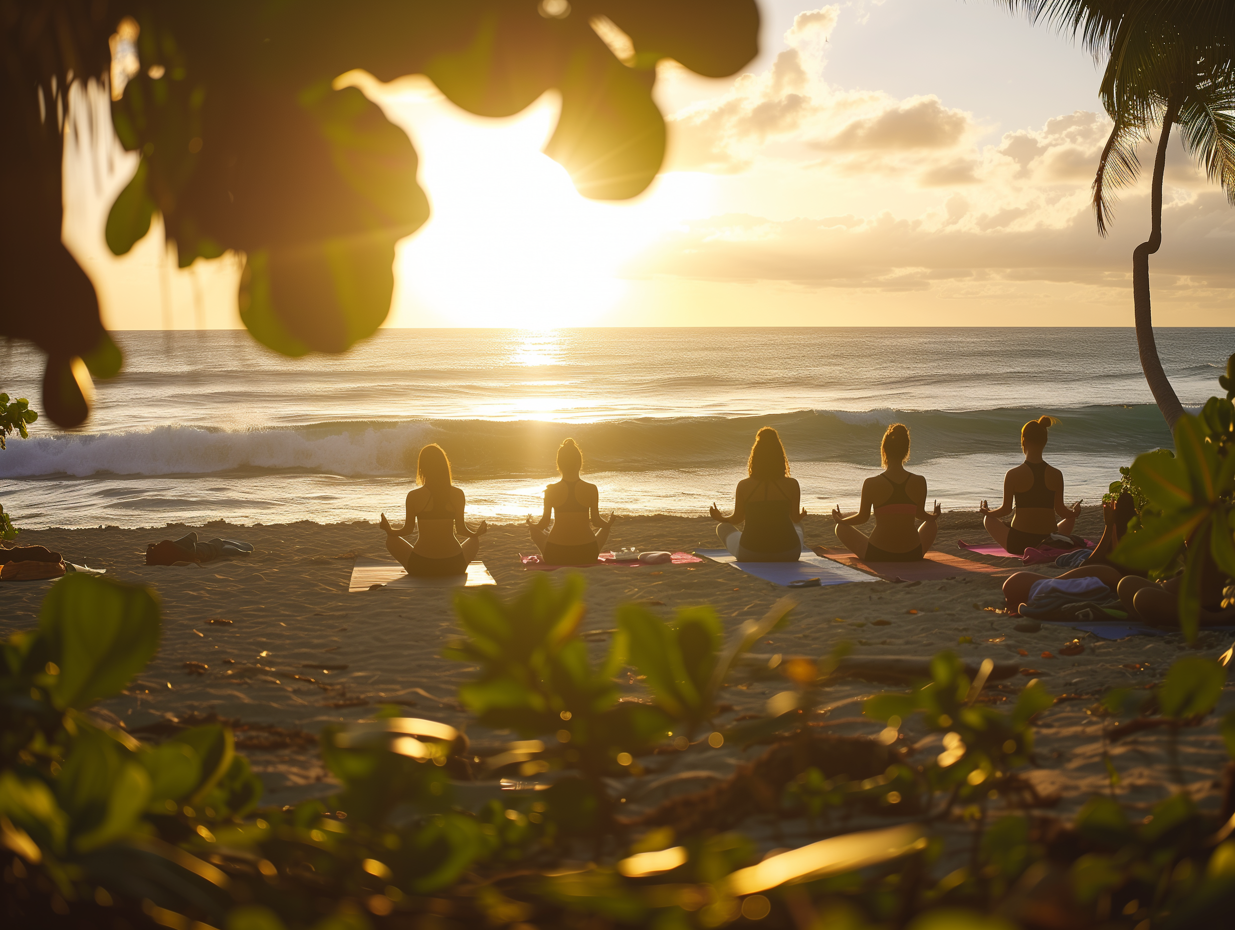 A serene beach scene with a yoga class at sunset.