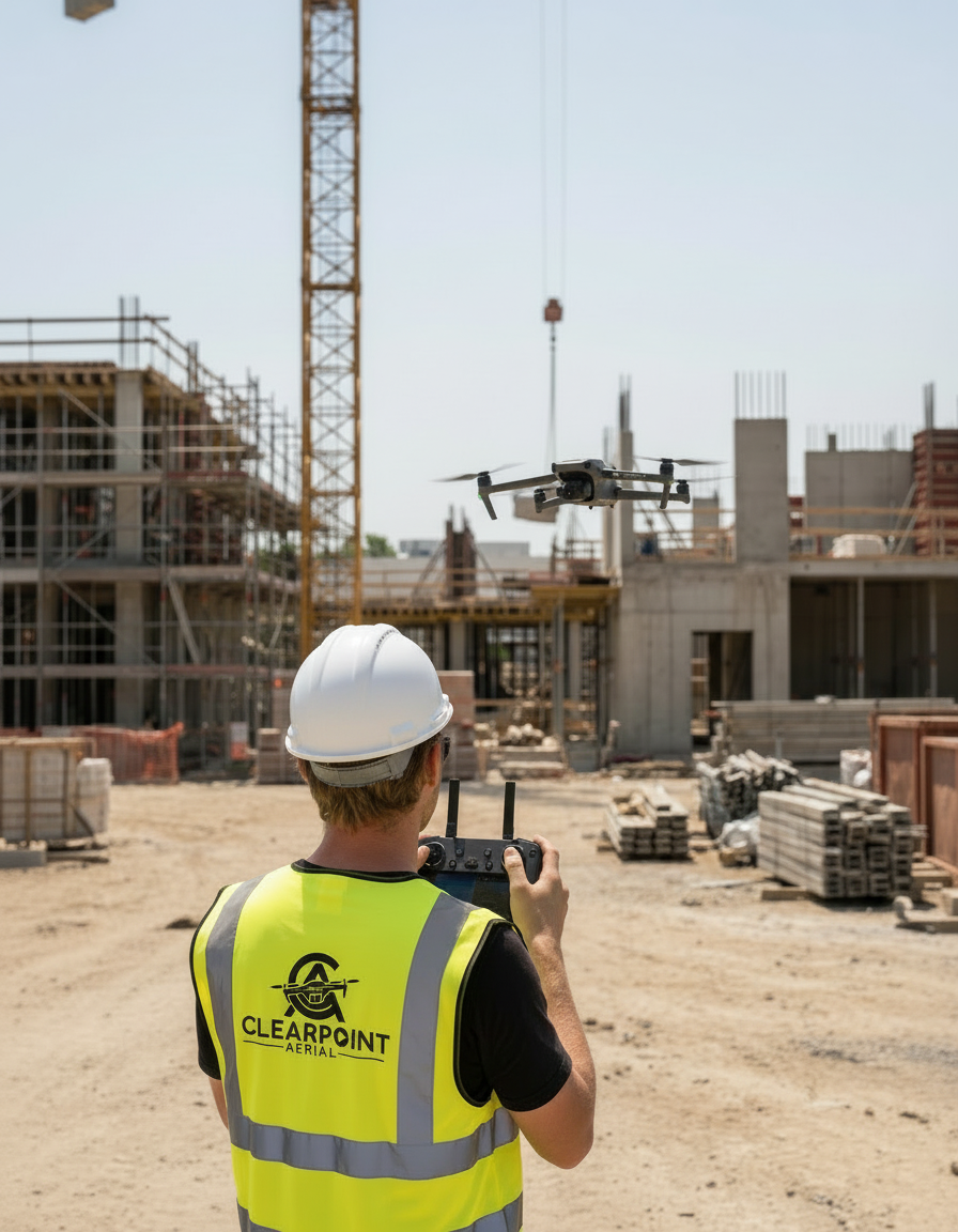 A construction worker wearing a white hard hat and a yellow safety vest with the logo of CLEARPOINT AERIAL is operating a drone at a construction site.