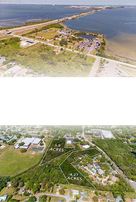 Aerial view of a waterfront park and surrounding residential area, with labeled plot boundaries indicating 5.9 acres and 4.27 acres.