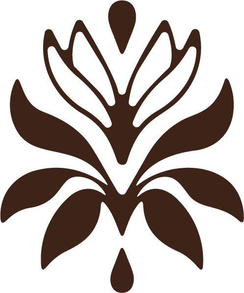A dark brown stylized floral or botanical design with symmetrical leaves and petals.