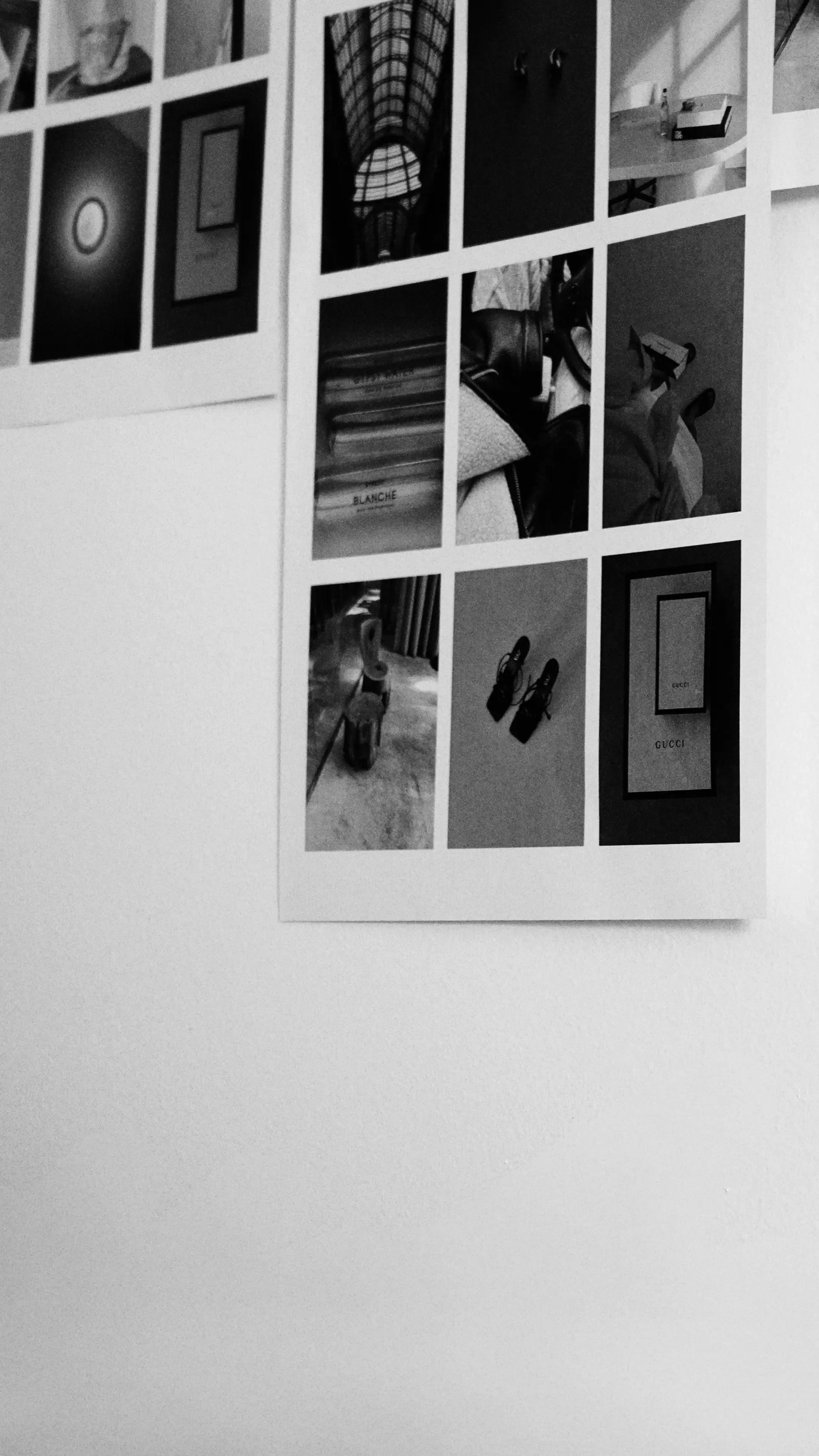 Black and white collage of nine photos including a portrait, a computer screen, interior architectural shot, a room with a desk, shoes, a handbag, and packaging from Gucci and Blanche brands.