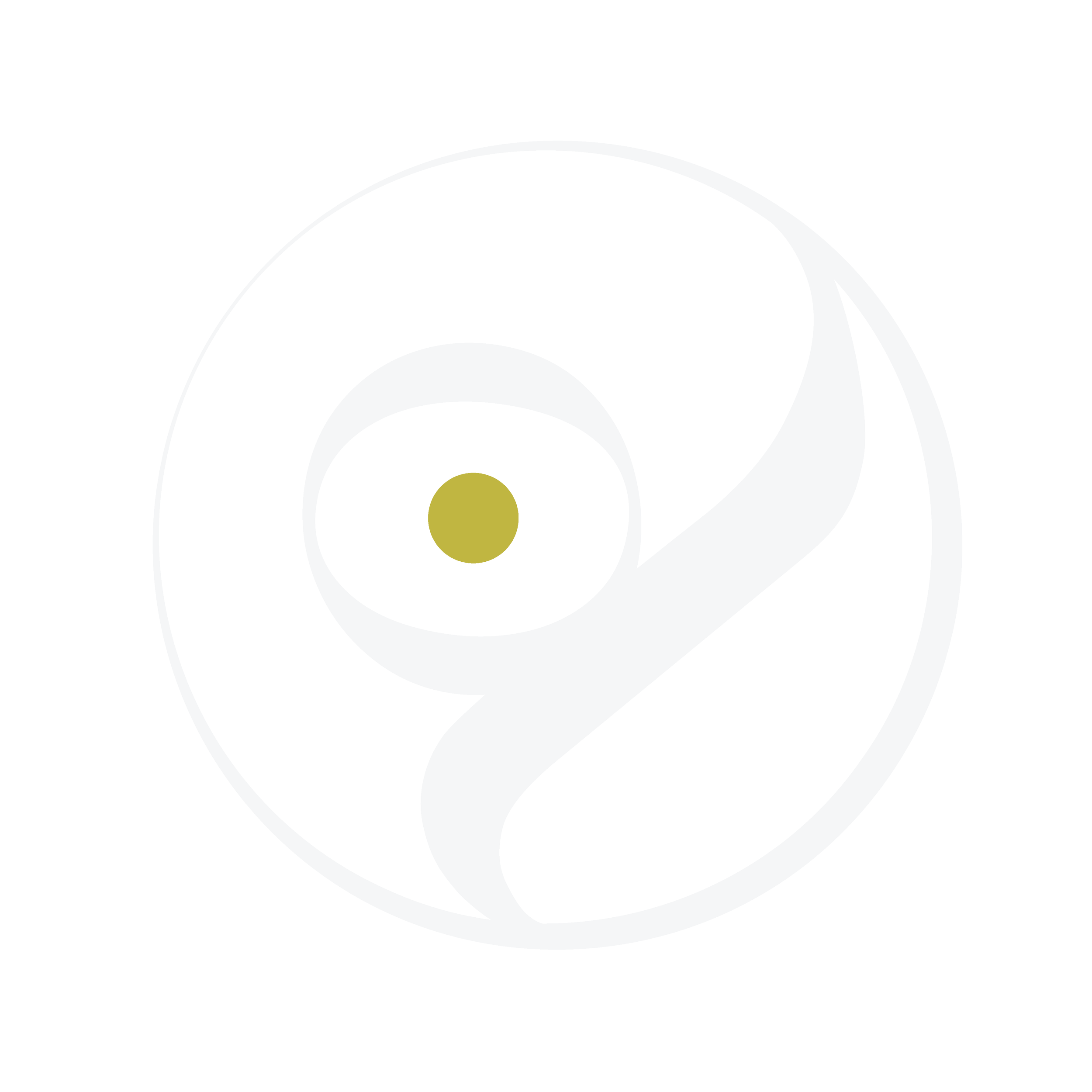 Minimalist black, white, and yellow abstract spiral design on a black background.