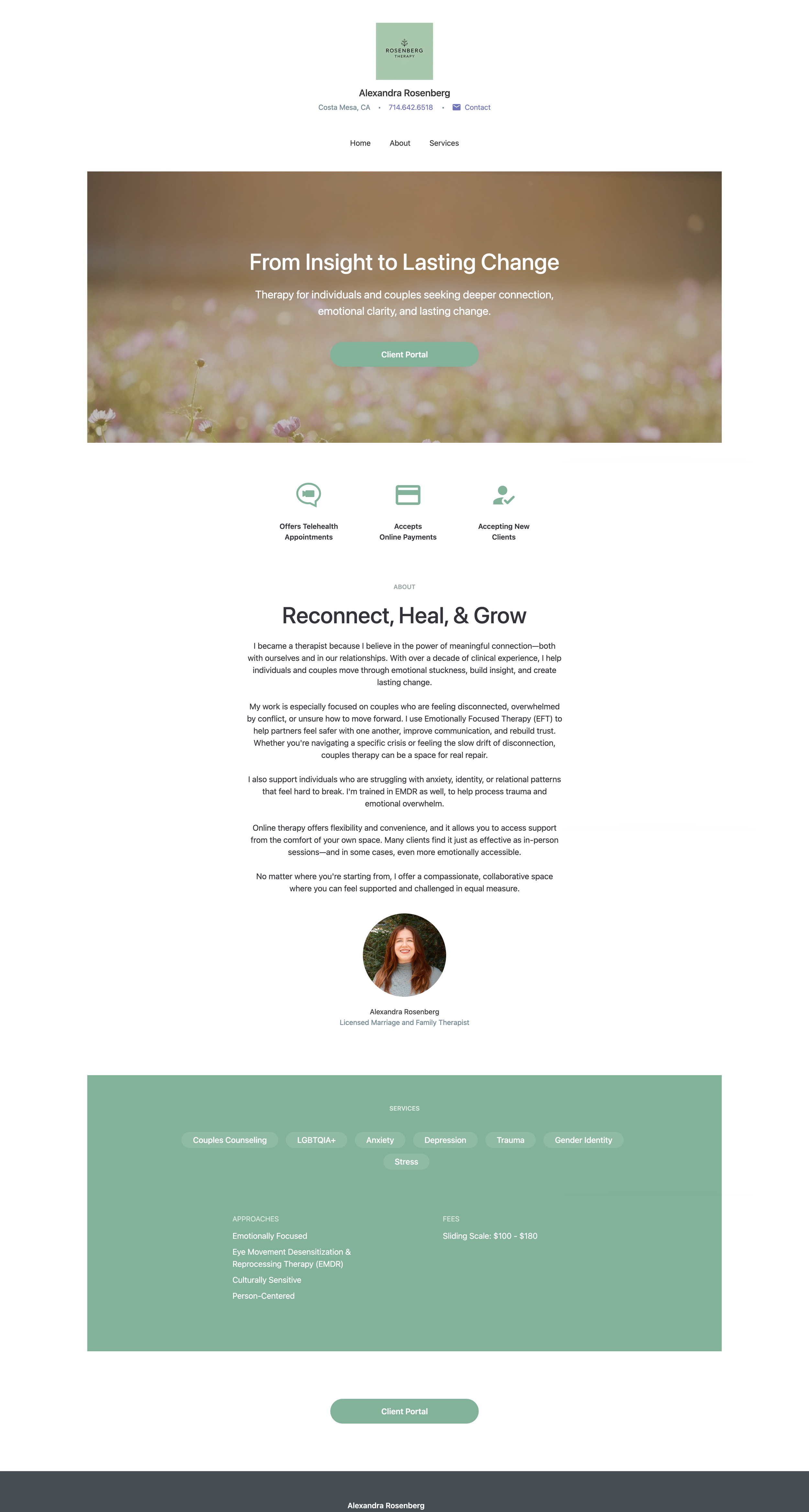 Screenshot of a therapy services website homepage for Alexandra Rosenberg, a licensed marriage and family therapist. The page features a header with a logo, contact information, and navigation links. The main section has a background photo of a field with flowers and text that promotes therapy for deeper connection, emotional clarity, and lasting change with a client portal button. Below are icons highlighting telehealth availability, online payments, and accepting new clients. The page includes a section about her work, services offered, approach, fees, and a photo of Alexandra Rosenberg.