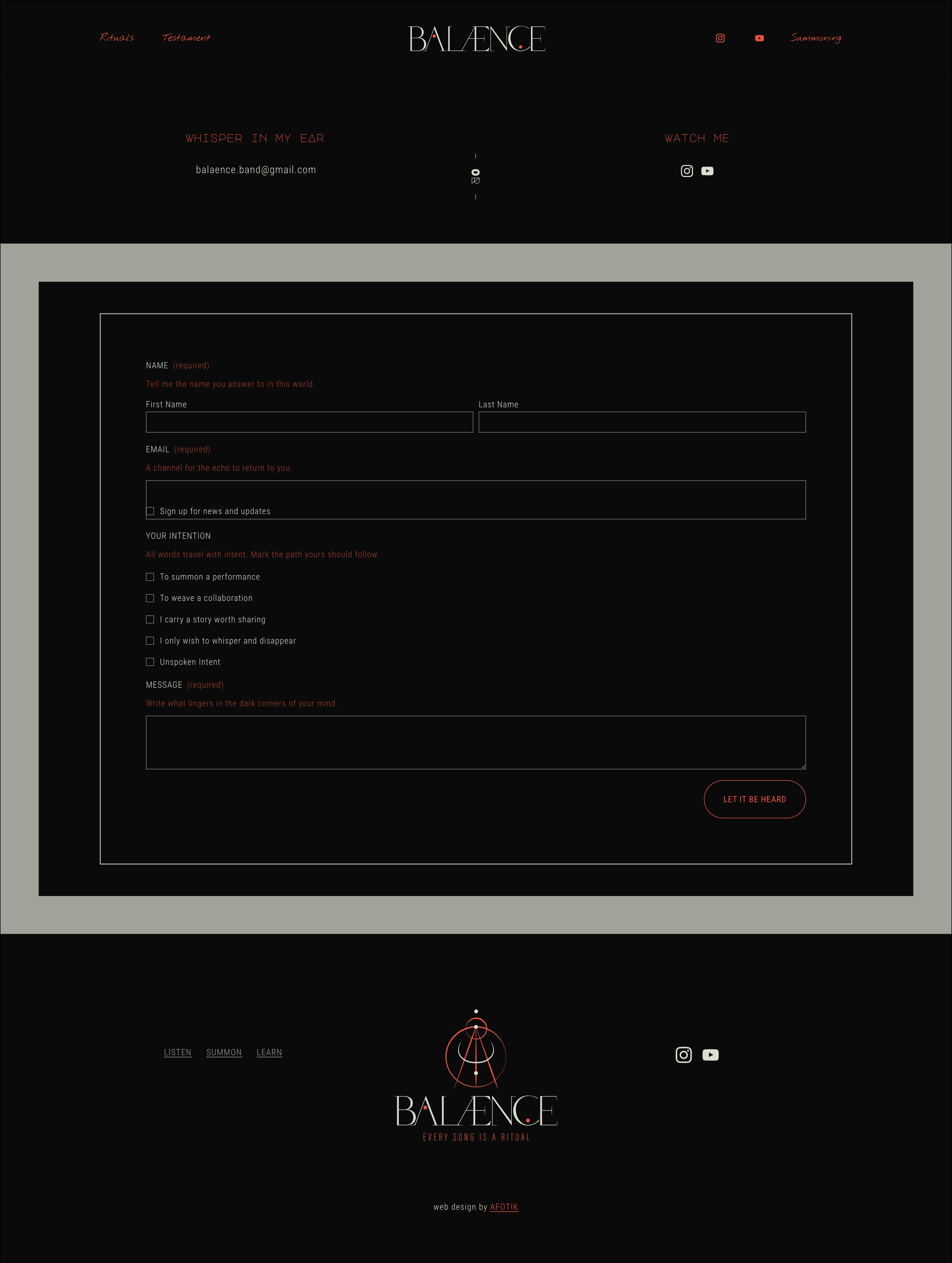 Dark-themed website homepage with a form titled 'Balance' for submitting intentions, featuring navigation links for 'Rituals,' 'Testament,' and 'Summoning,' and social media icons for Instagram and YouTube.