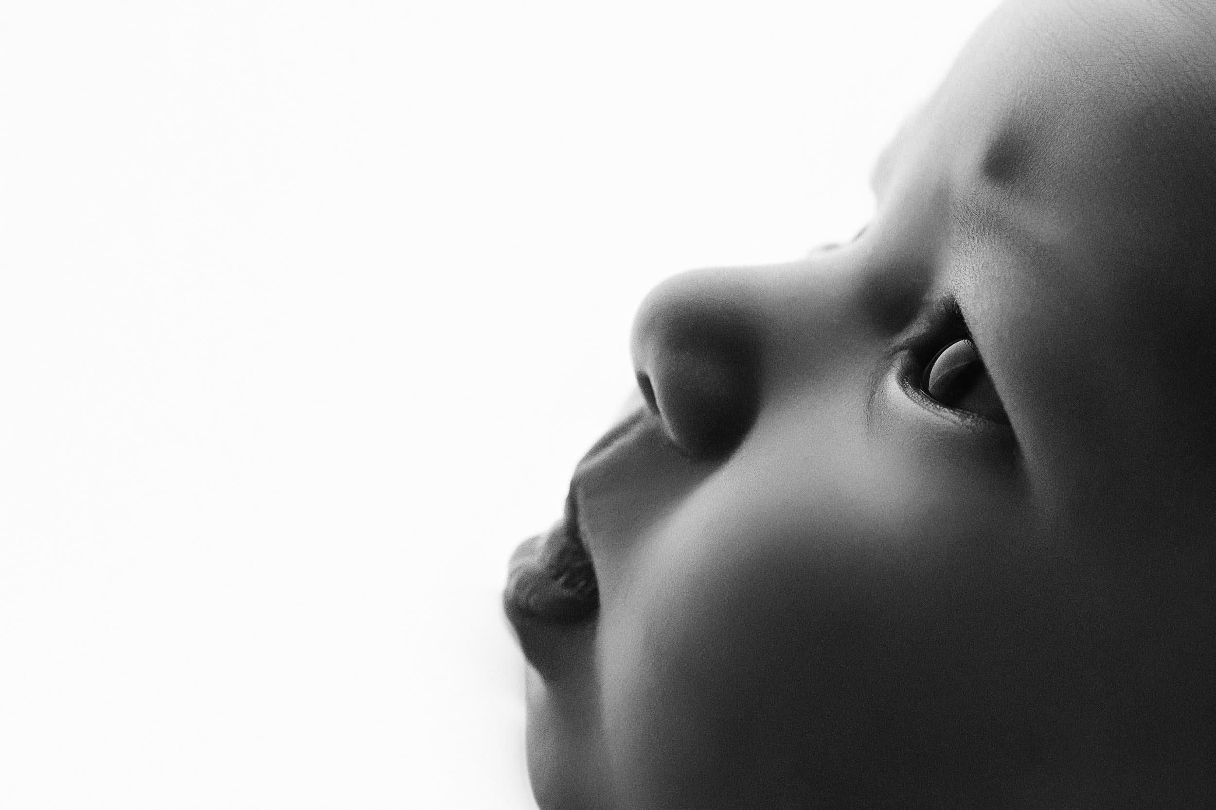 Close-up of a doll's face in black and white, showing the nose, lips, and part of the eye.