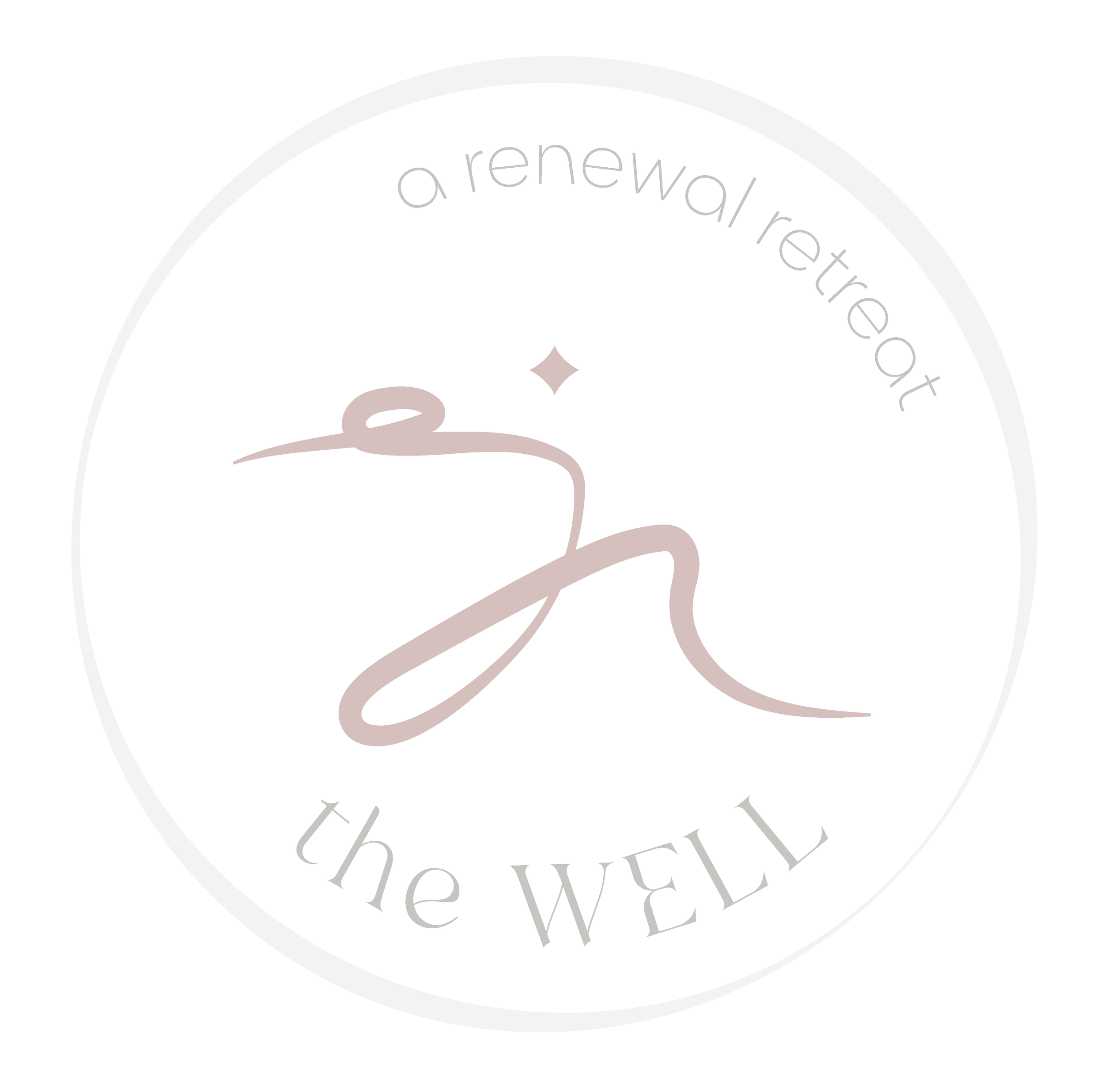 A logo with a stylized line drawing of a heron, the words 'a renewal/retreat' at the top, and 'the WELL' at the bottom, all enclosed in a circle on a black background.