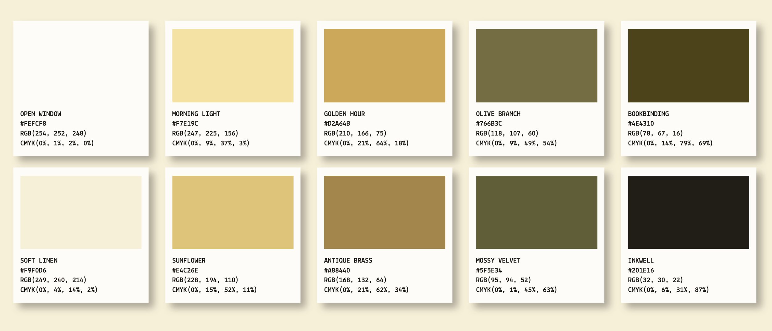 Color palette swatches with names, hex codes, RGB values, and CMYK percentages, arranged in a grid on a light beige background.