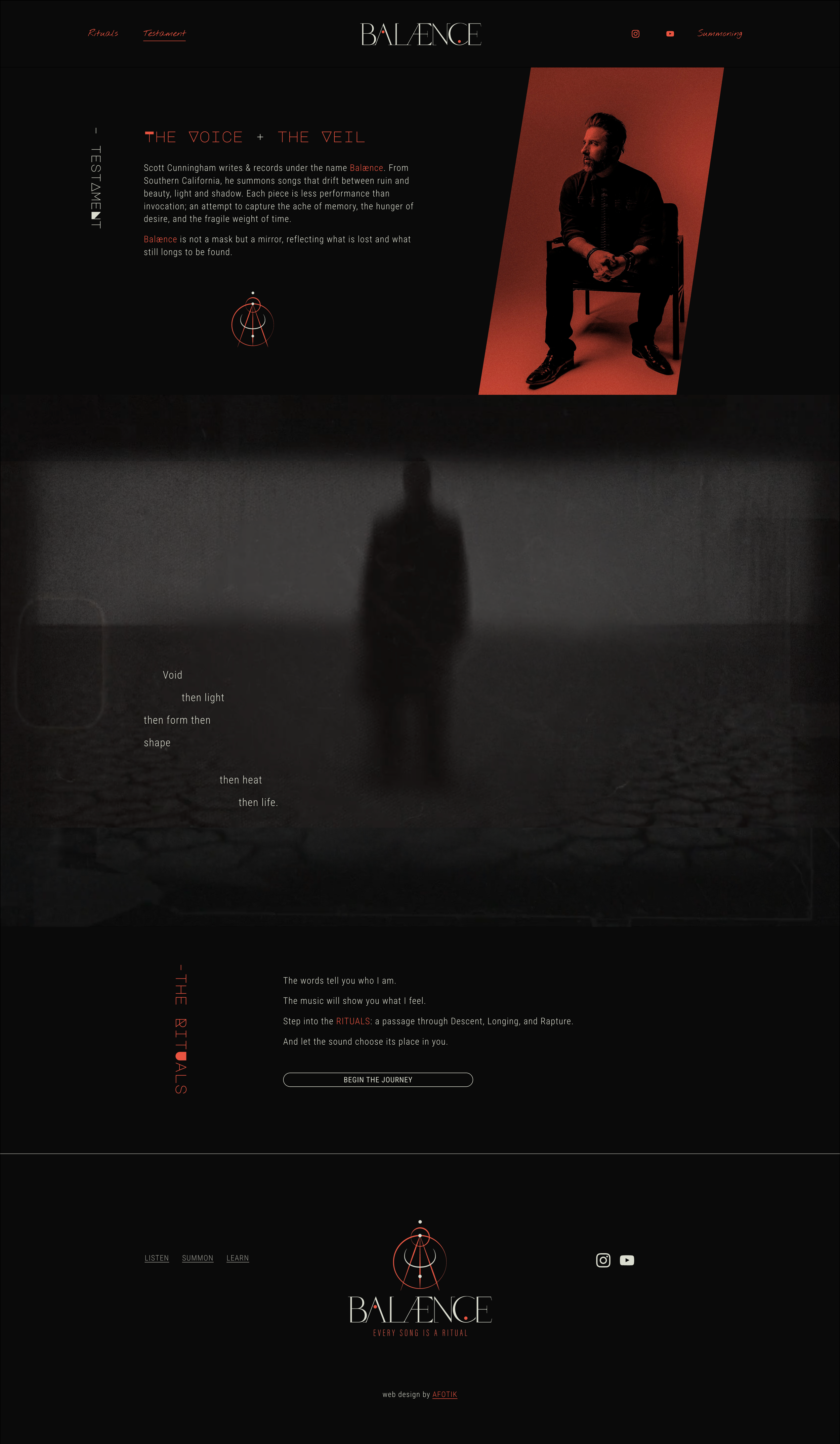 A website homepage for 'Balance' featuring a dark background, a photo of a man sitting on a chair, and text describing the concept of balance in music and rituals, with buttons for navigating and social media icons.