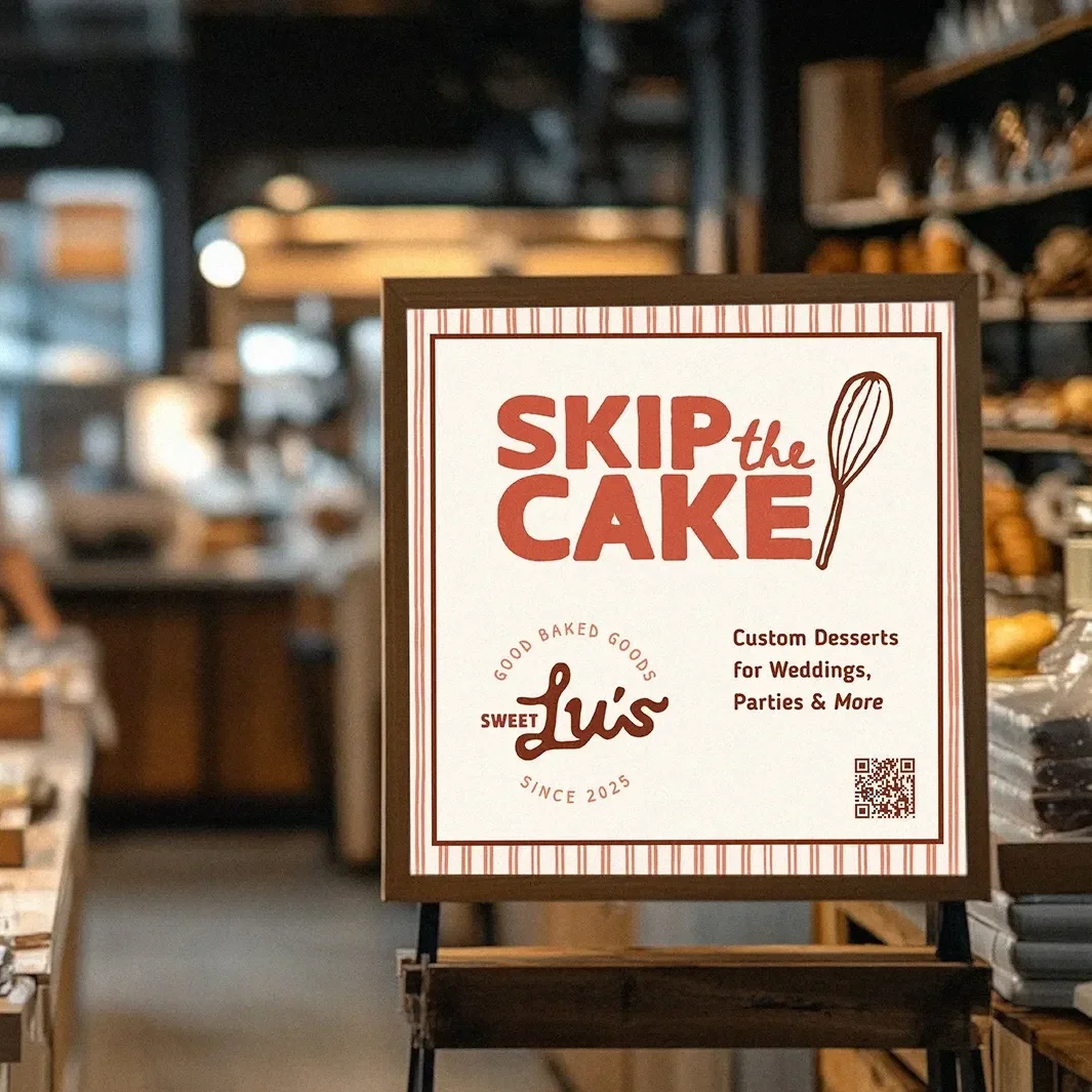 Sign for Skip the Cake, a bakery offering custom desserts for weddings, parties, and more, with the branding of Sweet Liz's and a QR code.