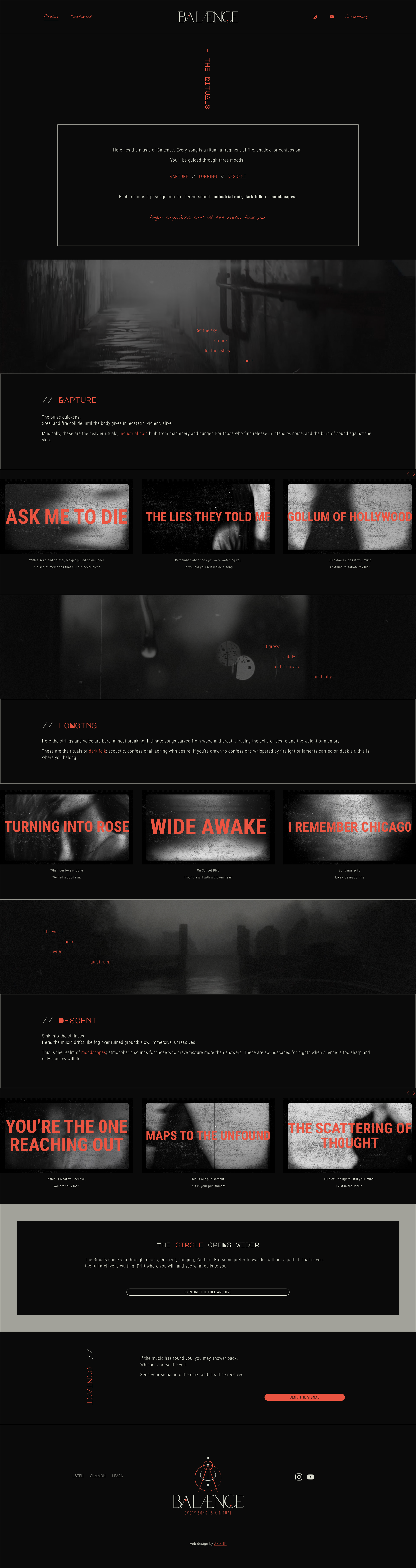 A dark website homepage with black background and red and white text, featuring sections titled "The Stills," "Rapure," "Losing," and "Descent," with images of a foggy alley, a face, and abstract shapes.